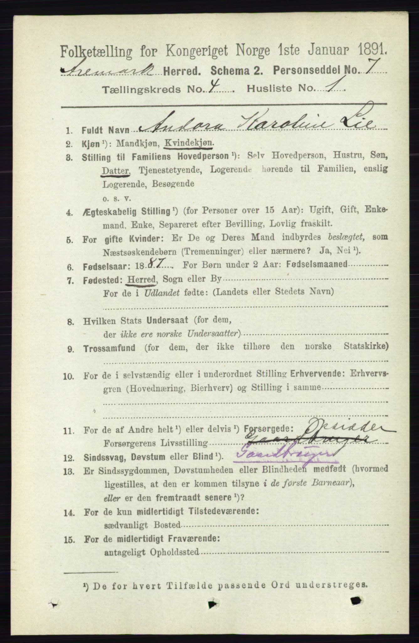 RA, 1891 census for 0118 Aremark, 1891, p. 1919