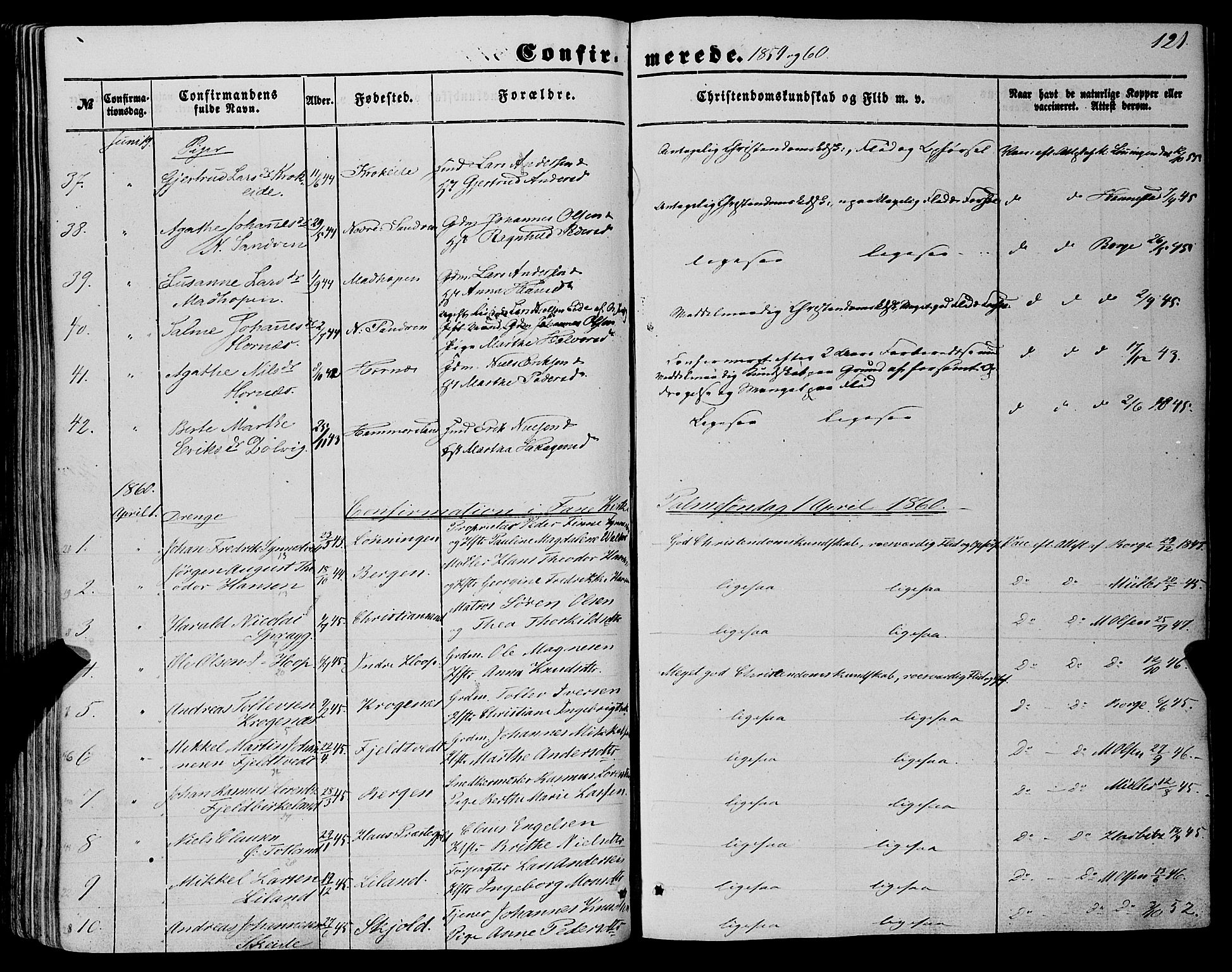 Fana Sokneprestembete, SAB/A-75101/H/Haa/Haaa/L0011: Parish register (official) no. A 11, 1851-1862, p. 121