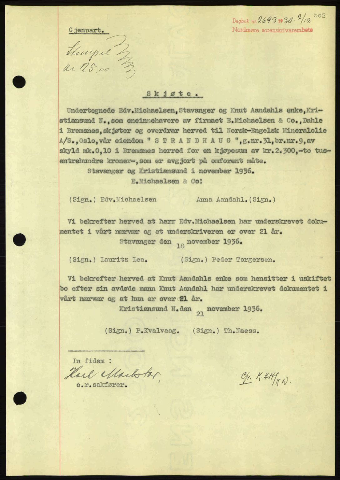 Nordmøre sorenskriveri, AV/SAT-A-4132/1/2/2Ca: Mortgage book no. A80, 1936-1937, Diary no: : 2693/1936