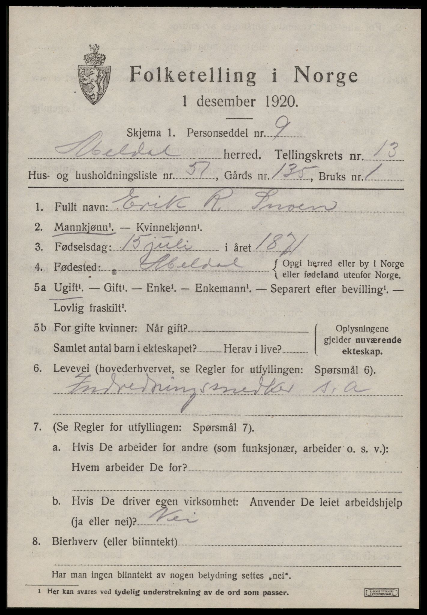 SAT, 1920 census for Meldal, 1920, p. 9997