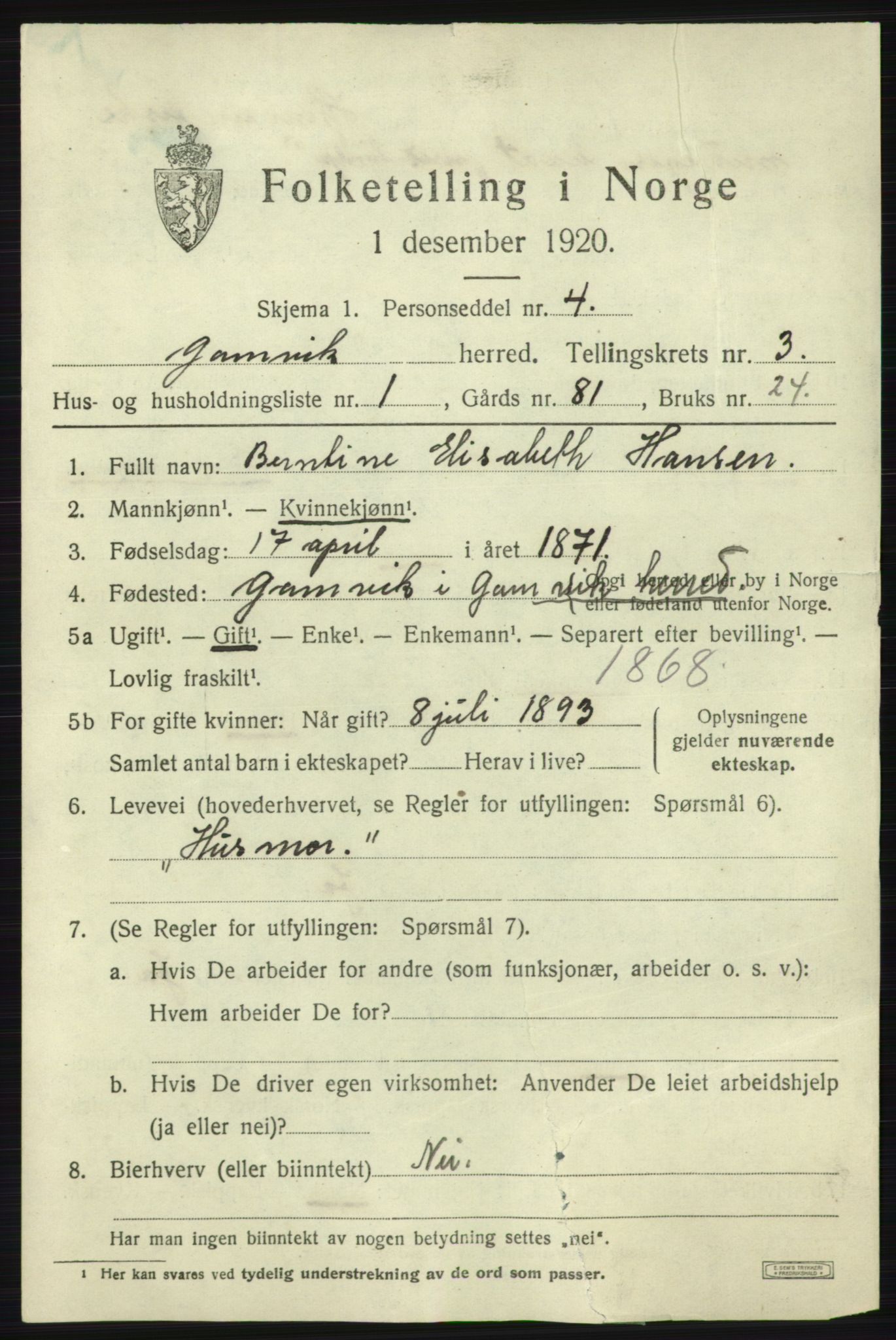 SATØ, 1920 census for Gamvik, 1920, p. 2408