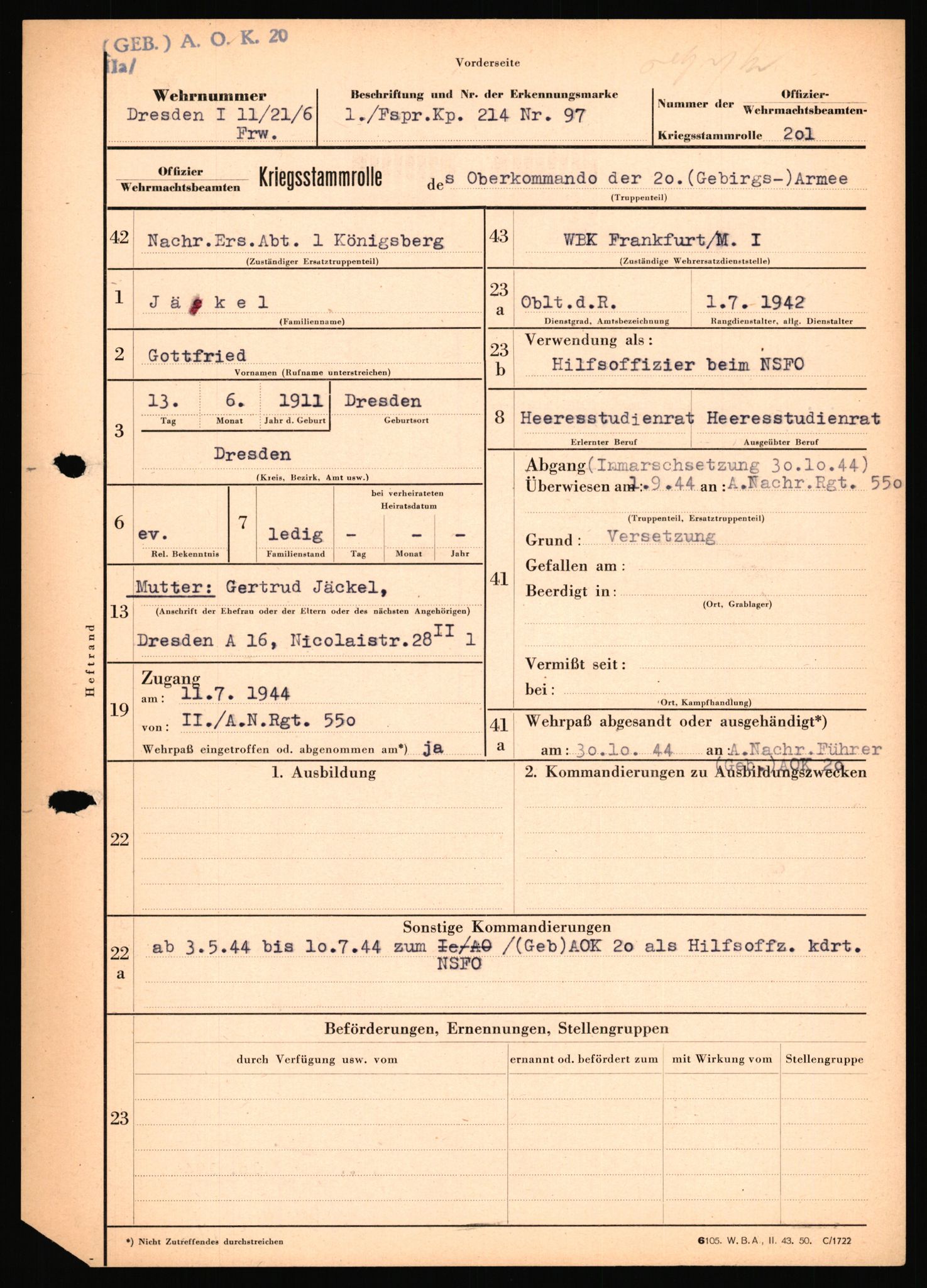 Forsvarets Overkommando. 2 kontor. Arkiv 11.4. Spredte tyske arkivsaker, AV/RA-RAFA-7031/D/Dar/Dara/L0018: Personalbøker, 1940-1945, p. 815