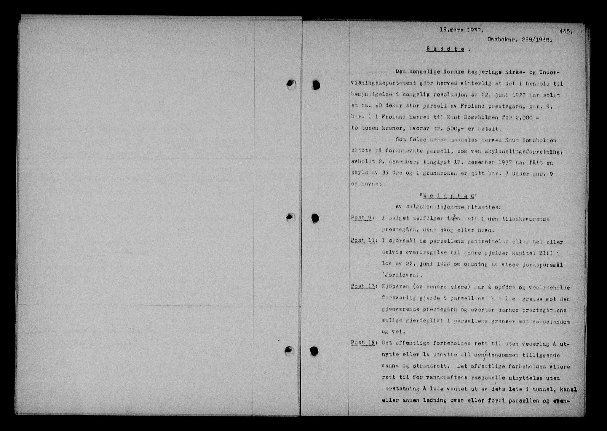 Nedenes sorenskriveri, AV/SAK-1221-0006/G/Gb/Gba/L0044: Mortgage book no. 40, 1937-1938, Diary no: : 258/1938