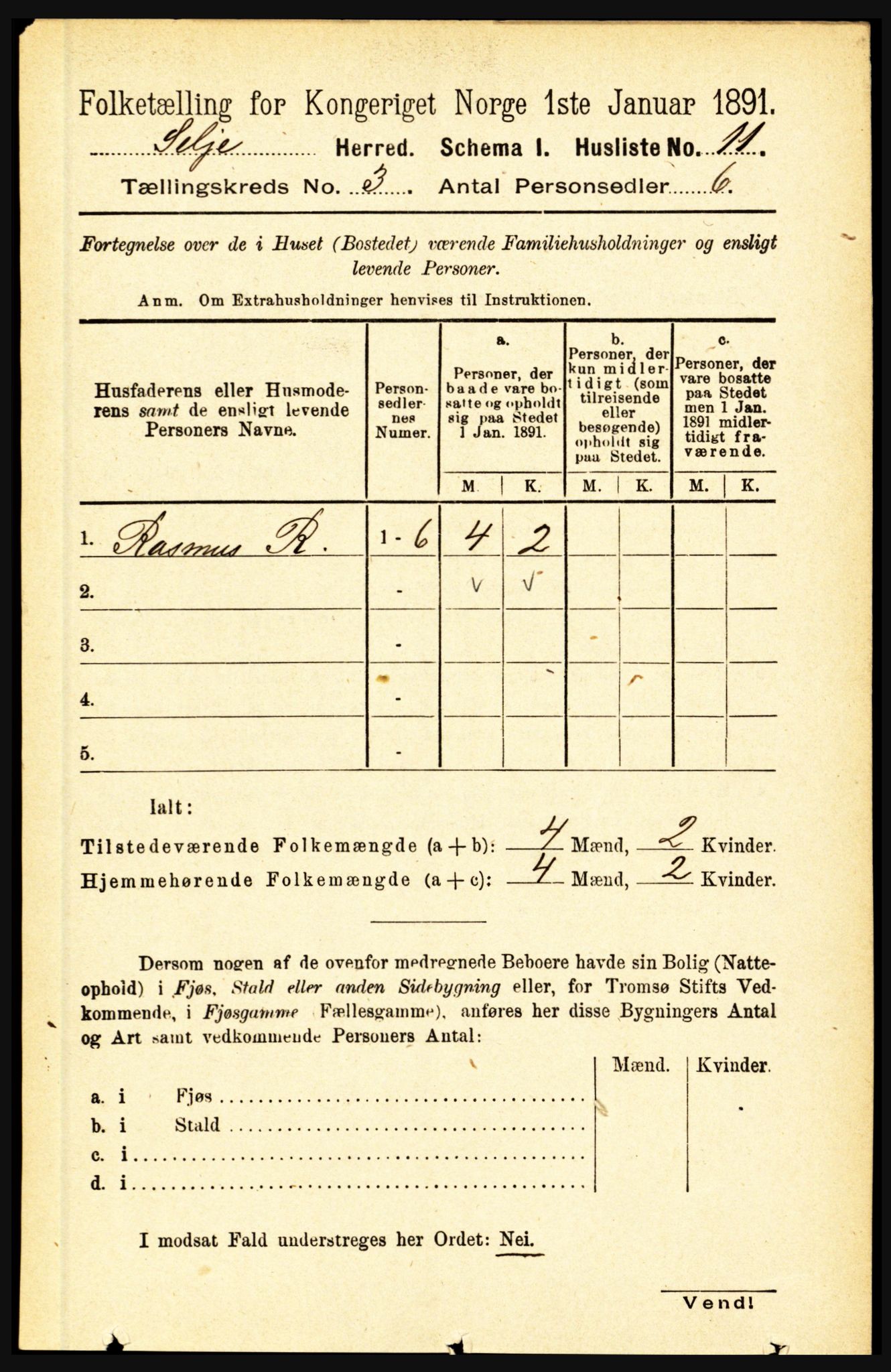 RA, 1891 census for 1441 Selje, 1891, p. 597