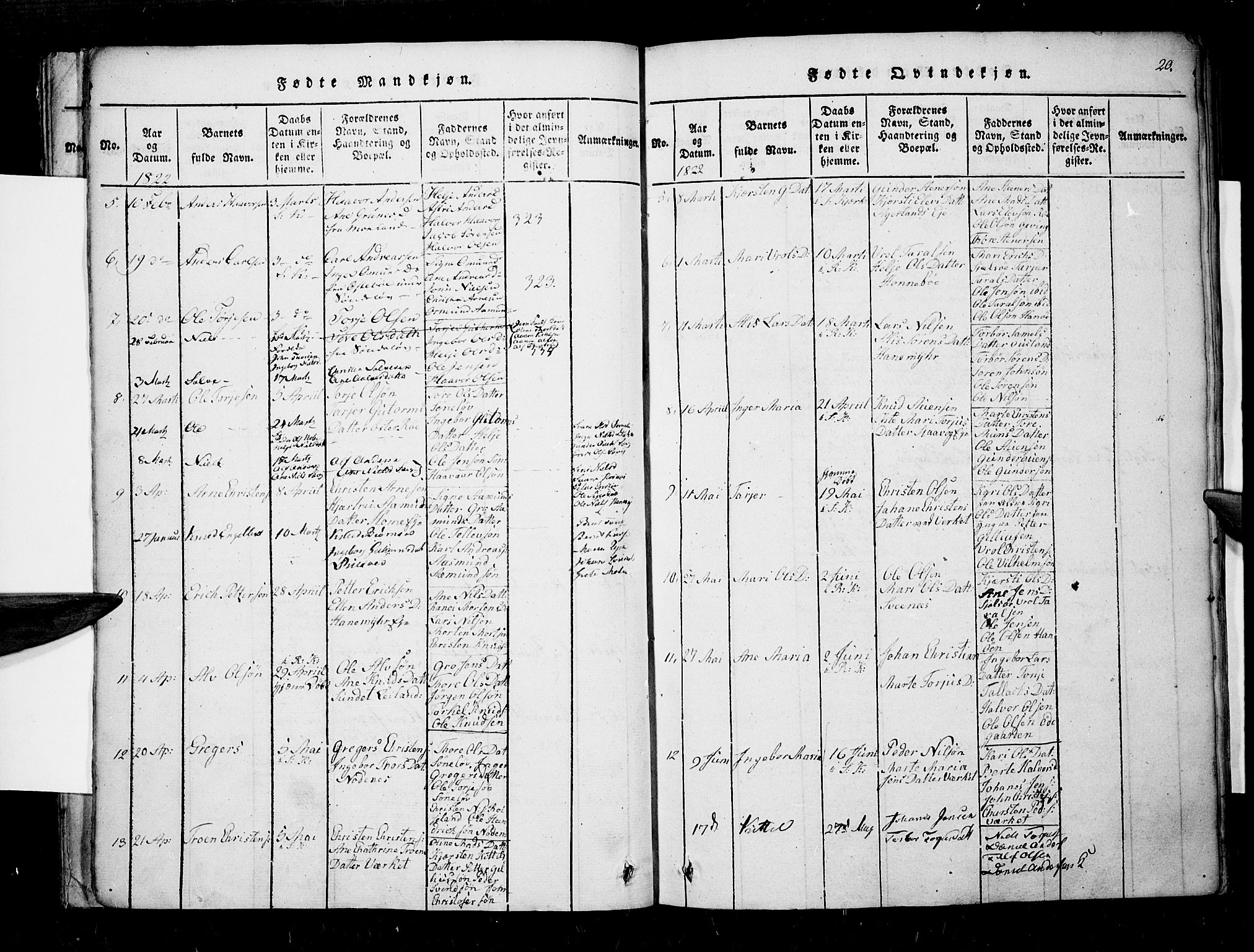 Søndeled sokneprestkontor, SAK/1111-0038/F/Fa/L0001: Parish register (official) no. A 1, 1816-1838, p. 20