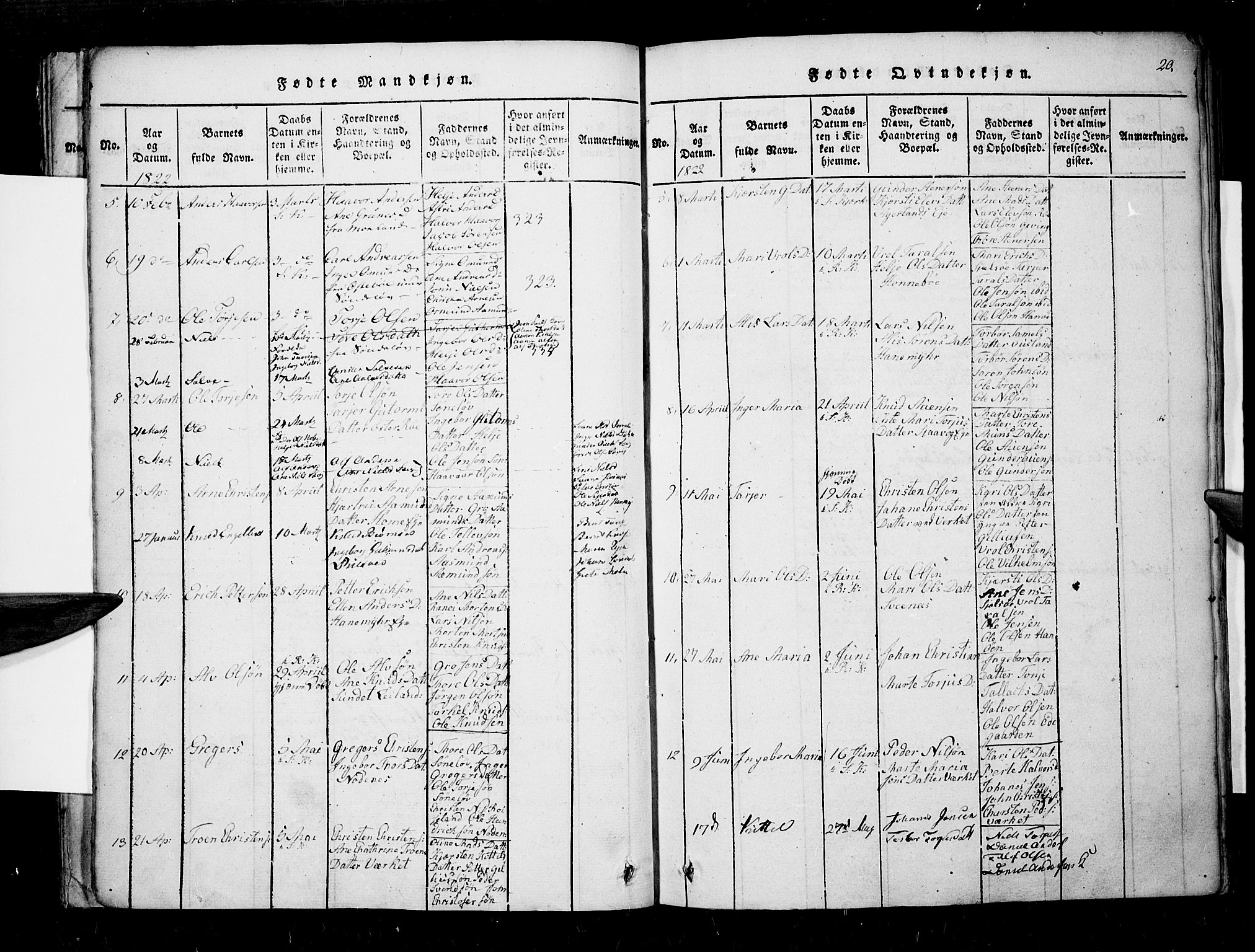 Søndeled sokneprestkontor, AV/SAK-1111-0038/F/Fa/L0001: Parish register (official) no. A 1, 1816-1838, p. 20