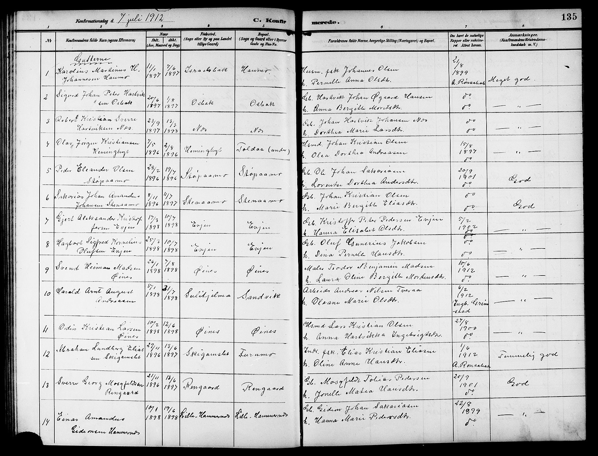 Ministerialprotokoller, klokkerbøker og fødselsregistre - Nordland, SAT/A-1459/846/L0655: Parish register (copy) no. 846C05, 1902-1916, p. 135