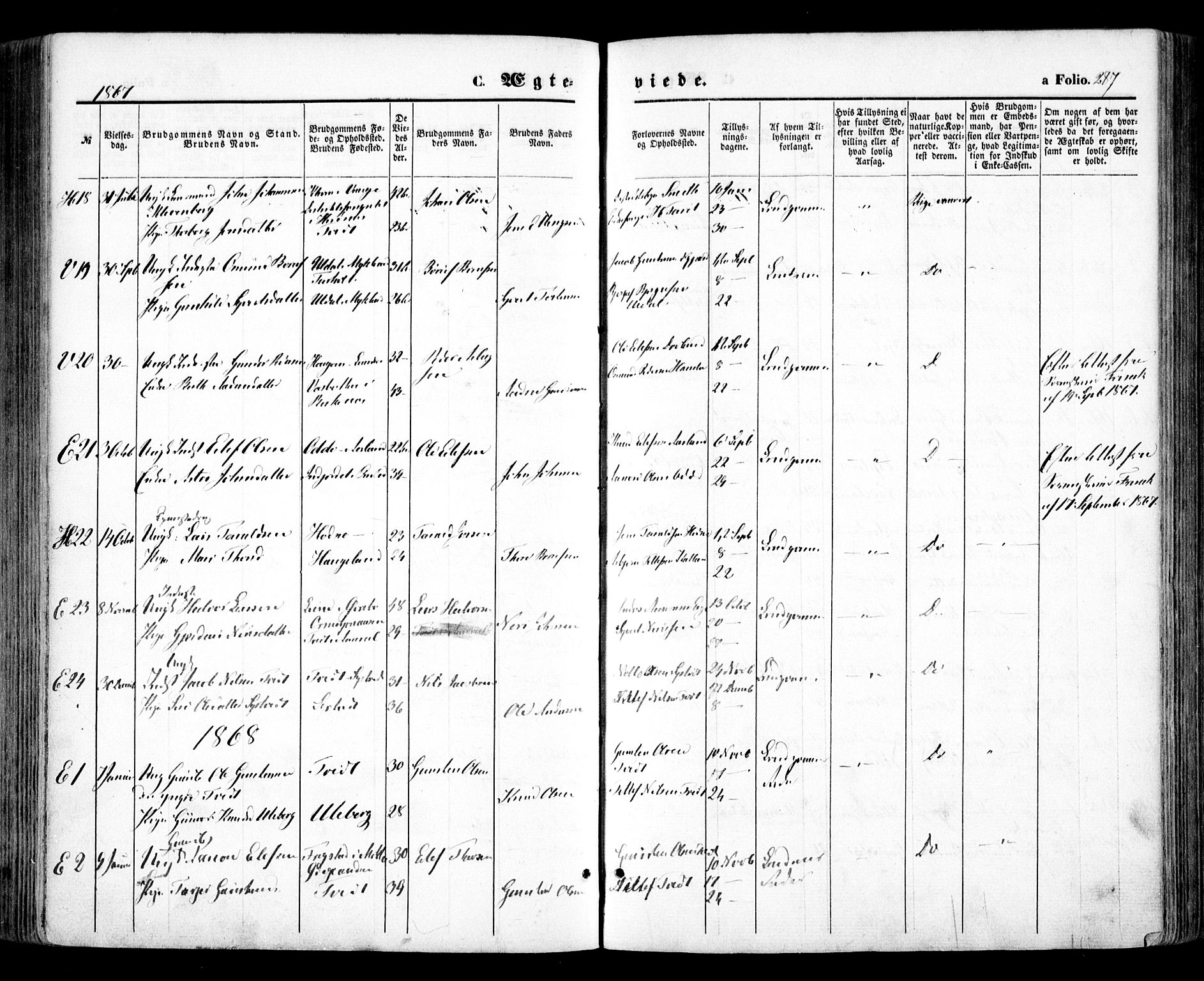Evje sokneprestkontor, SAK/1111-0008/F/Fa/Faa/L0006: Parish register (official) no. A 6, 1866-1884, p. 287
