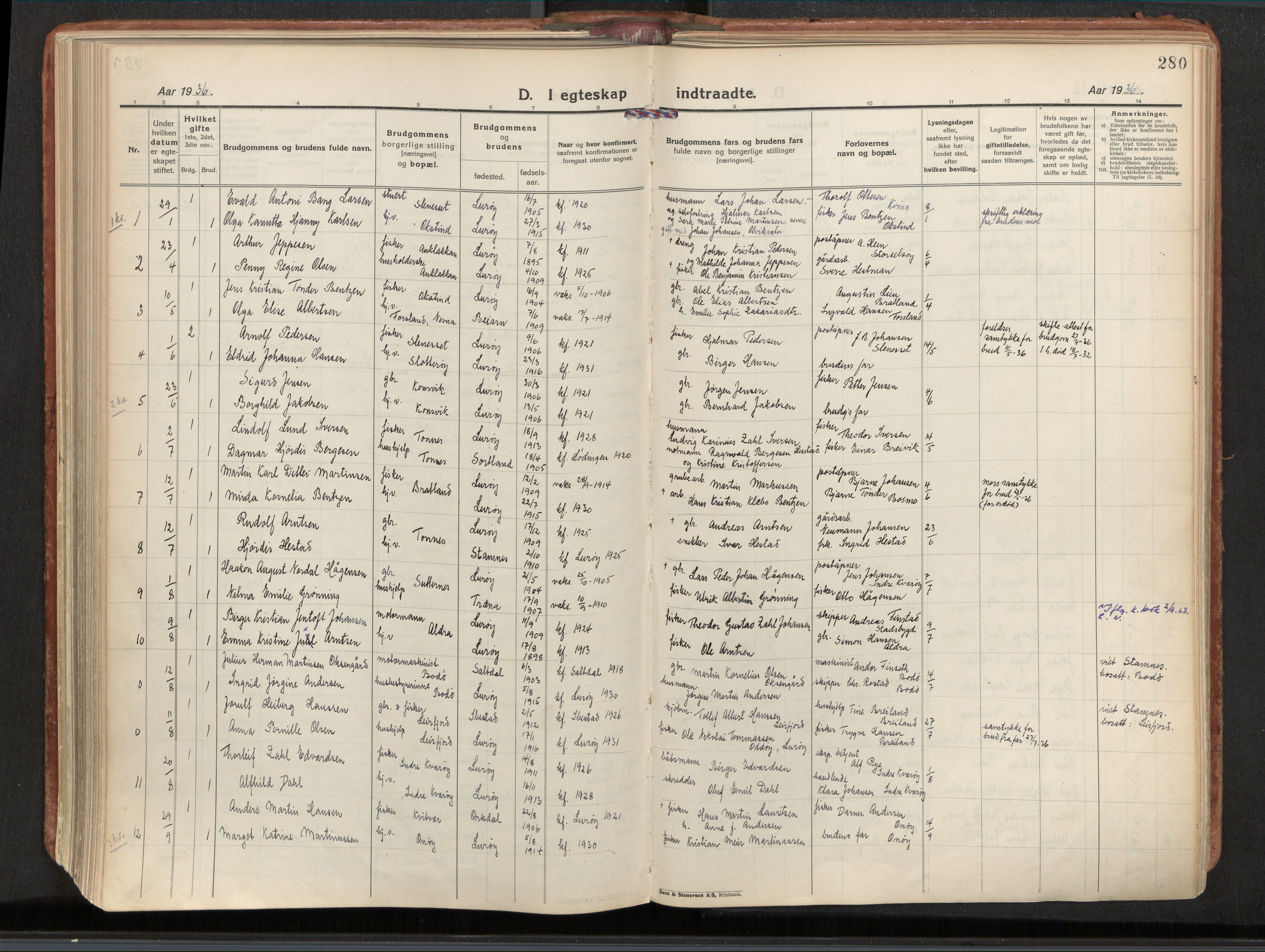 Ministerialprotokoller, klokkerbøker og fødselsregistre - Nordland, AV/SAT-A-1459/839/L0570: Parish register (official) no. 839A07, 1923-1942, p. 280