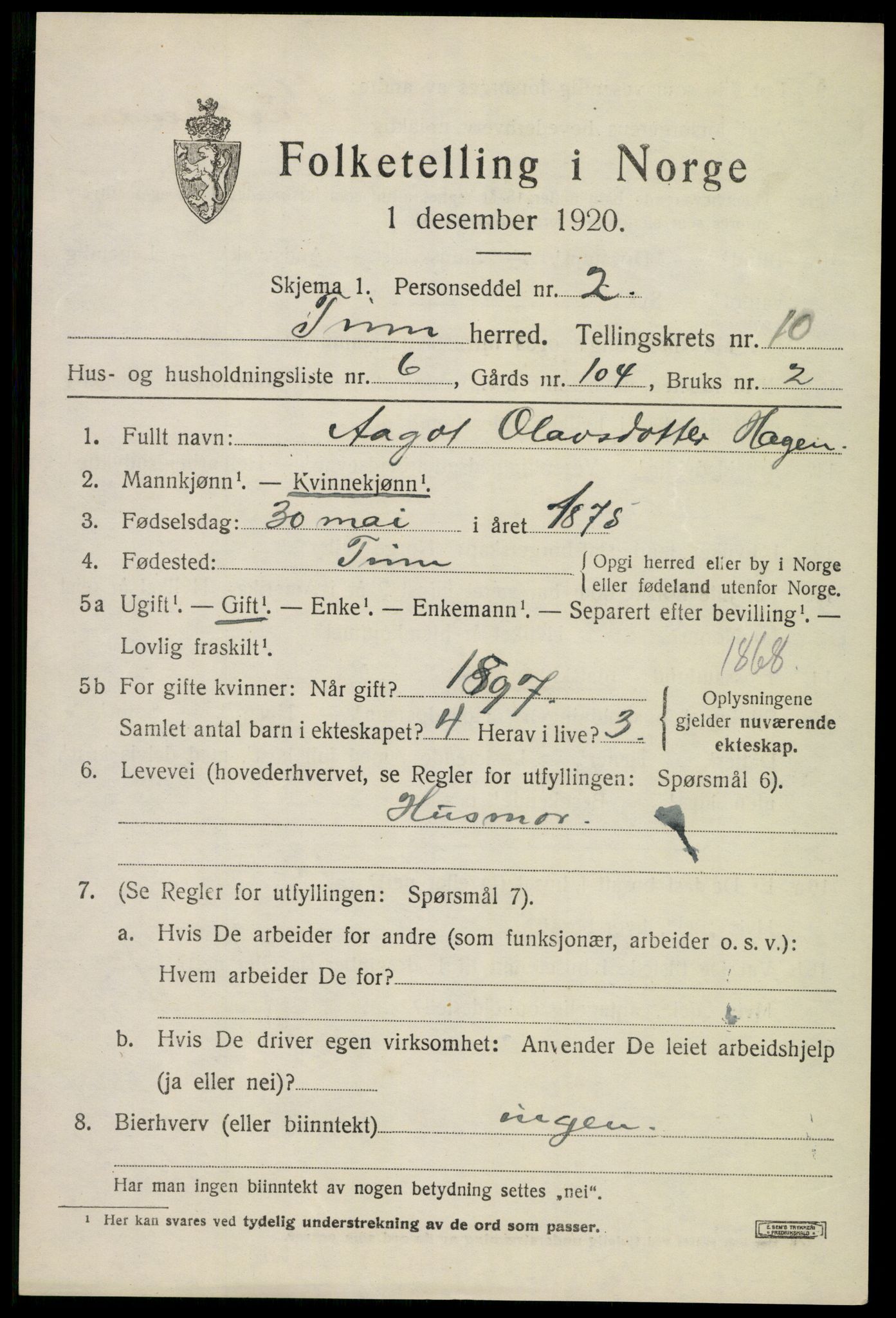 SAKO, 1920 census for Tinn, 1920, p. 6412