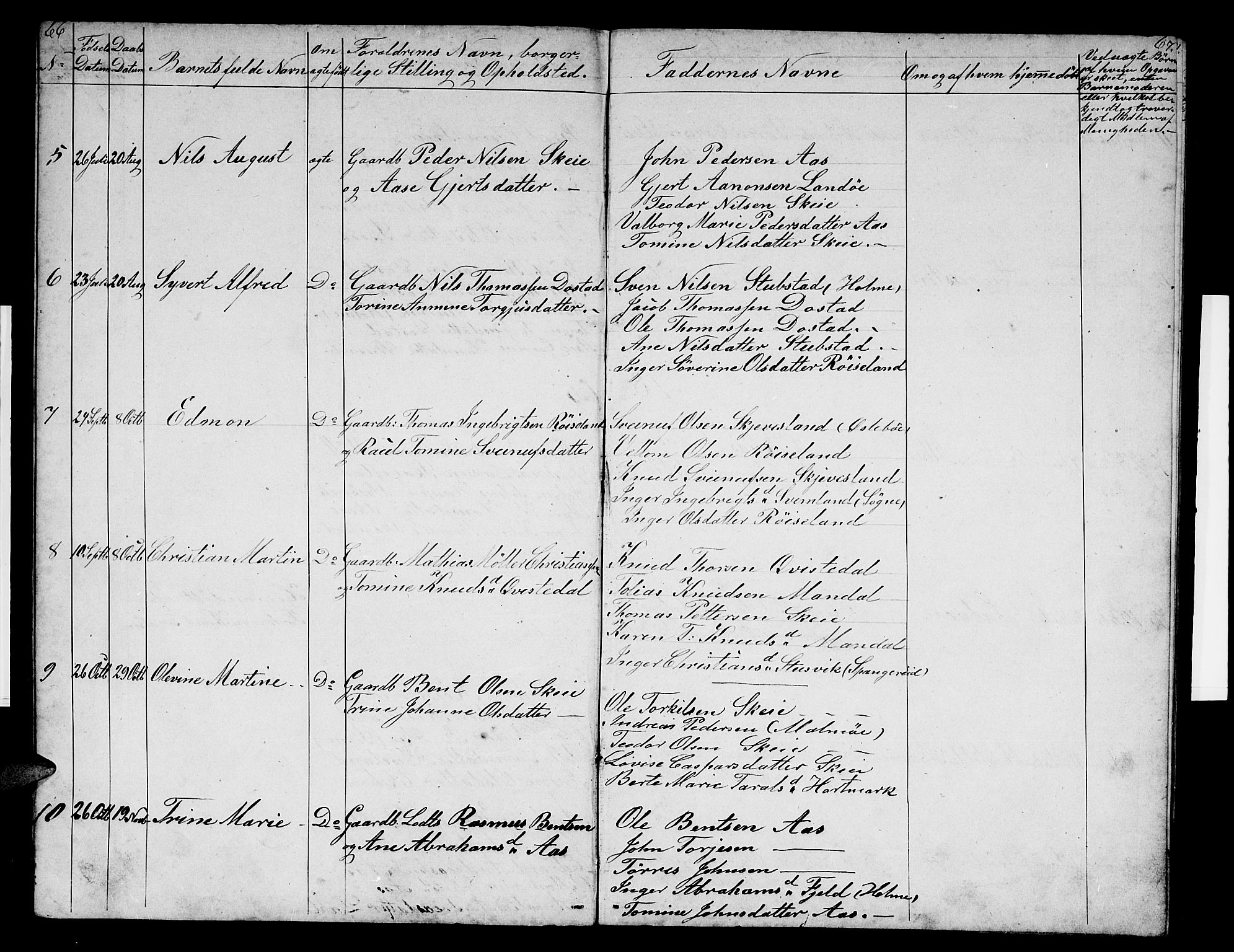 Mandal sokneprestkontor, SAK/1111-0030/F/Fb/Fbb/L0003: Parish register (copy) no. B 3, 1848-1877, p. 66-67