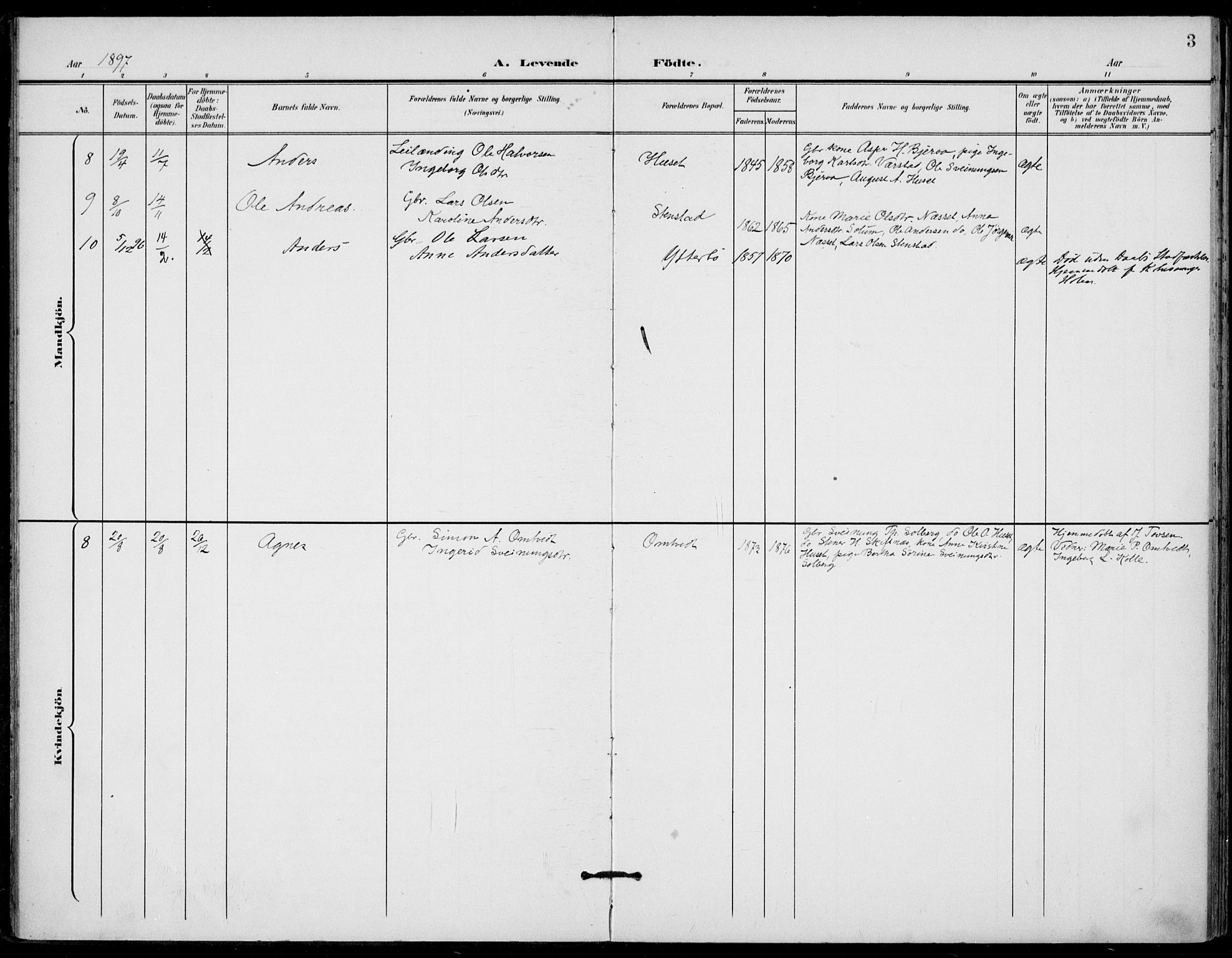 Holla kirkebøker, AV/SAKO-A-272/F/Fa/L0011: Parish register (official) no. 11, 1897-1928, p. 3