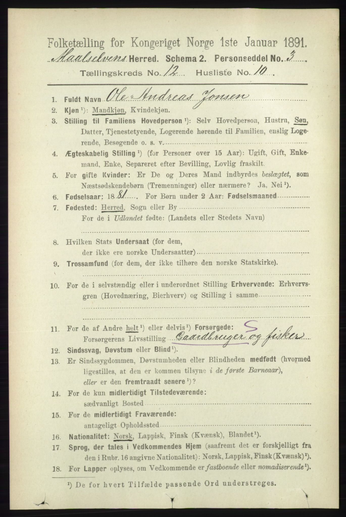 RA, 1891 census for 1924 Målselv, 1891, p. 3852