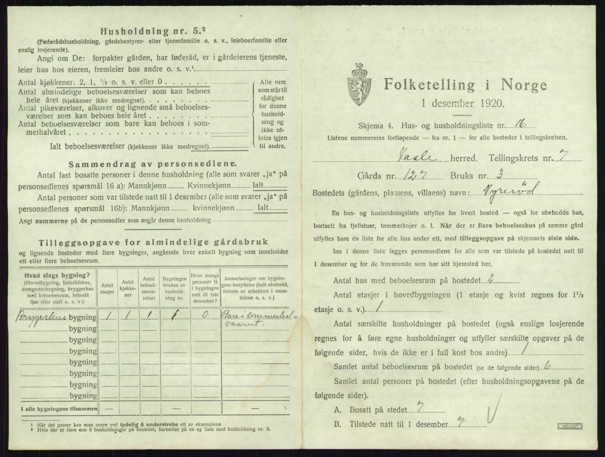 SAKO, 1920 census for Våle, 1920, p. 887