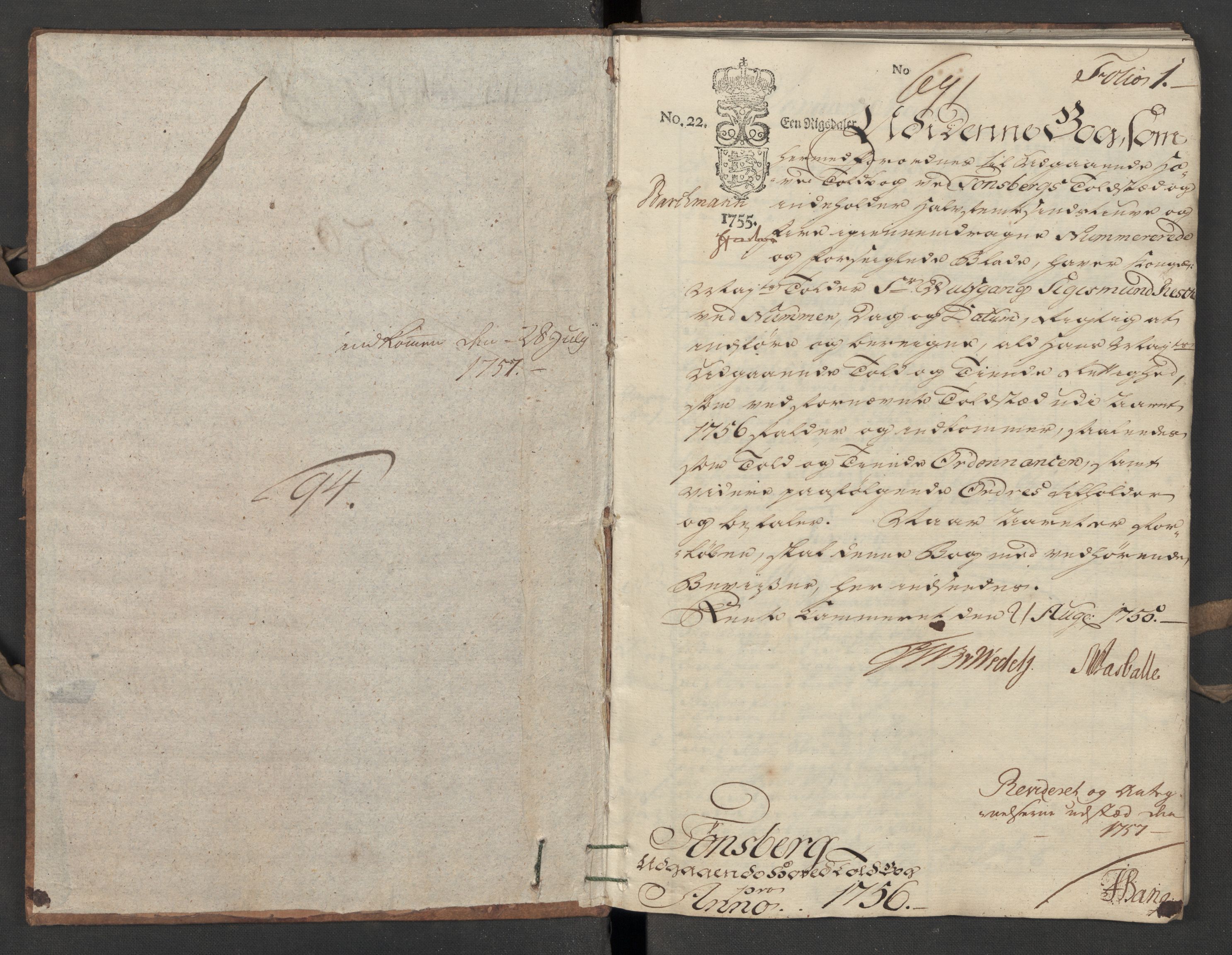 Generaltollkammeret, tollregnskaper, RA/EA-5490/R10/L0018/0002: Tollregnskaper Tønsberg / Utgående hovedtollbok, 1756, p. 1a