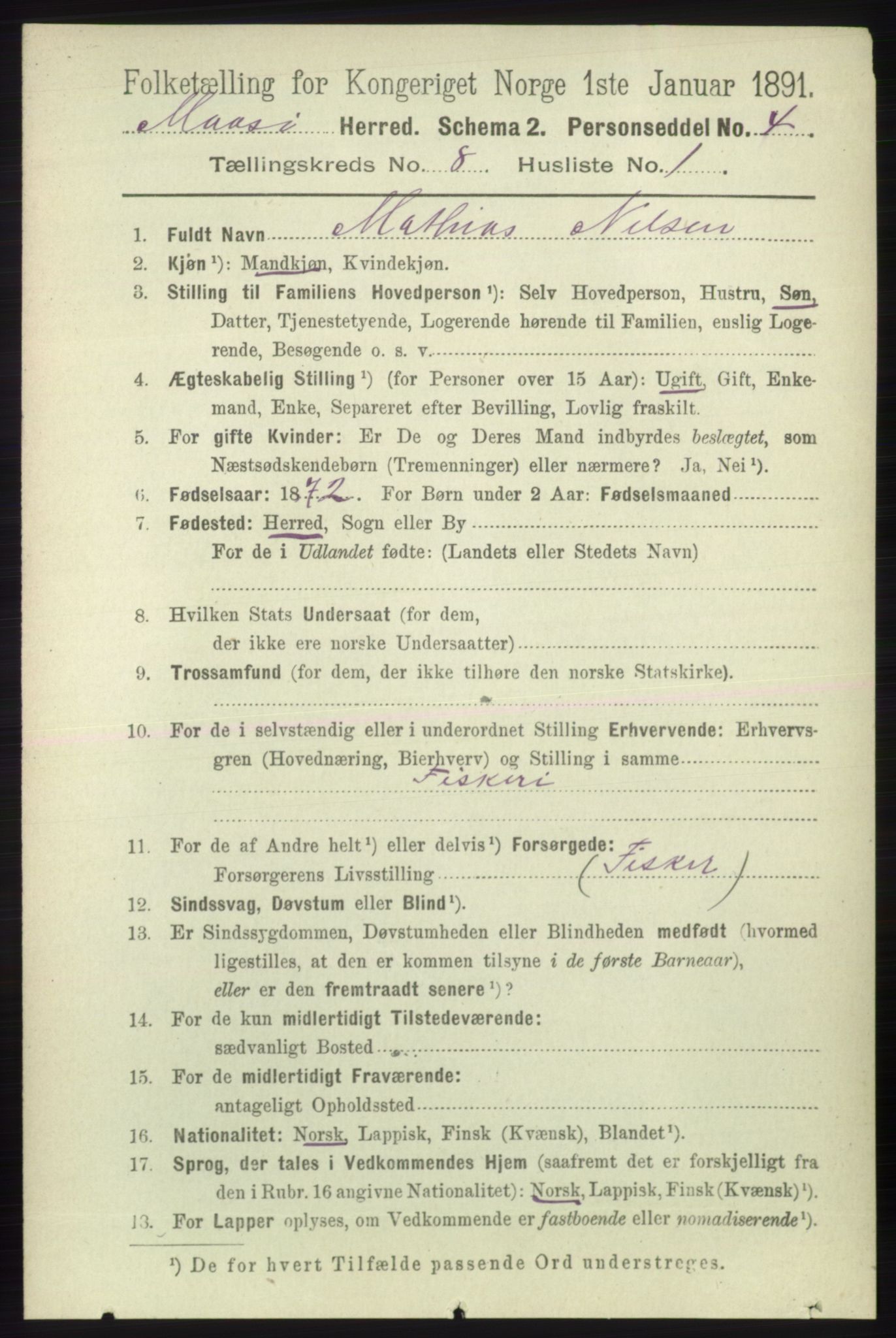 RA, 1891 census for 2018 Måsøy, 1891, p. 1525