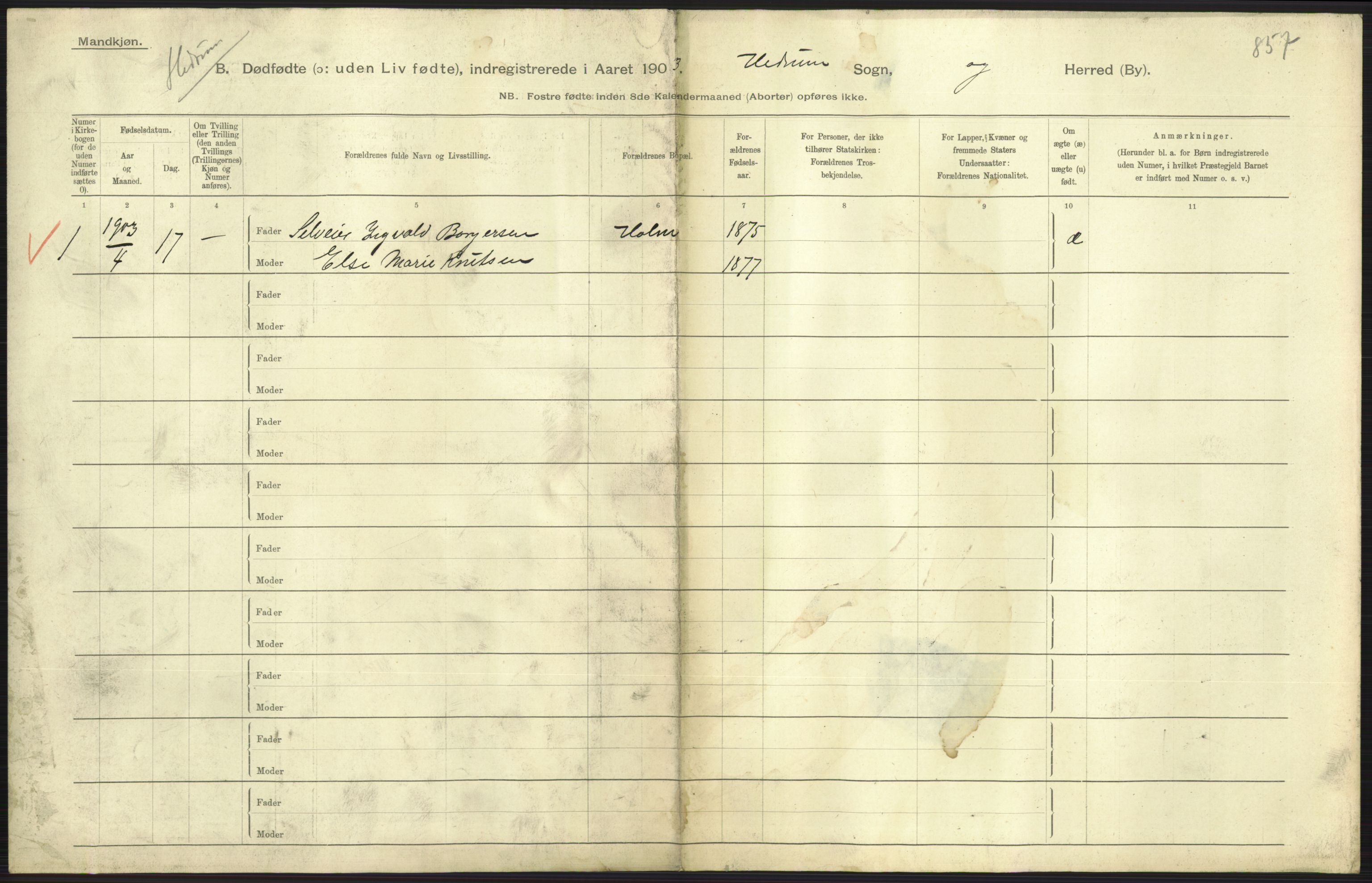 Statistisk sentralbyrå, Sosiodemografiske emner, Befolkning, RA/S-2228/D/Df/Dfa/Dfaa/L0024: Smålenenes - Stavanger amt: Dødfødte. Bygder., 1903, p. 351