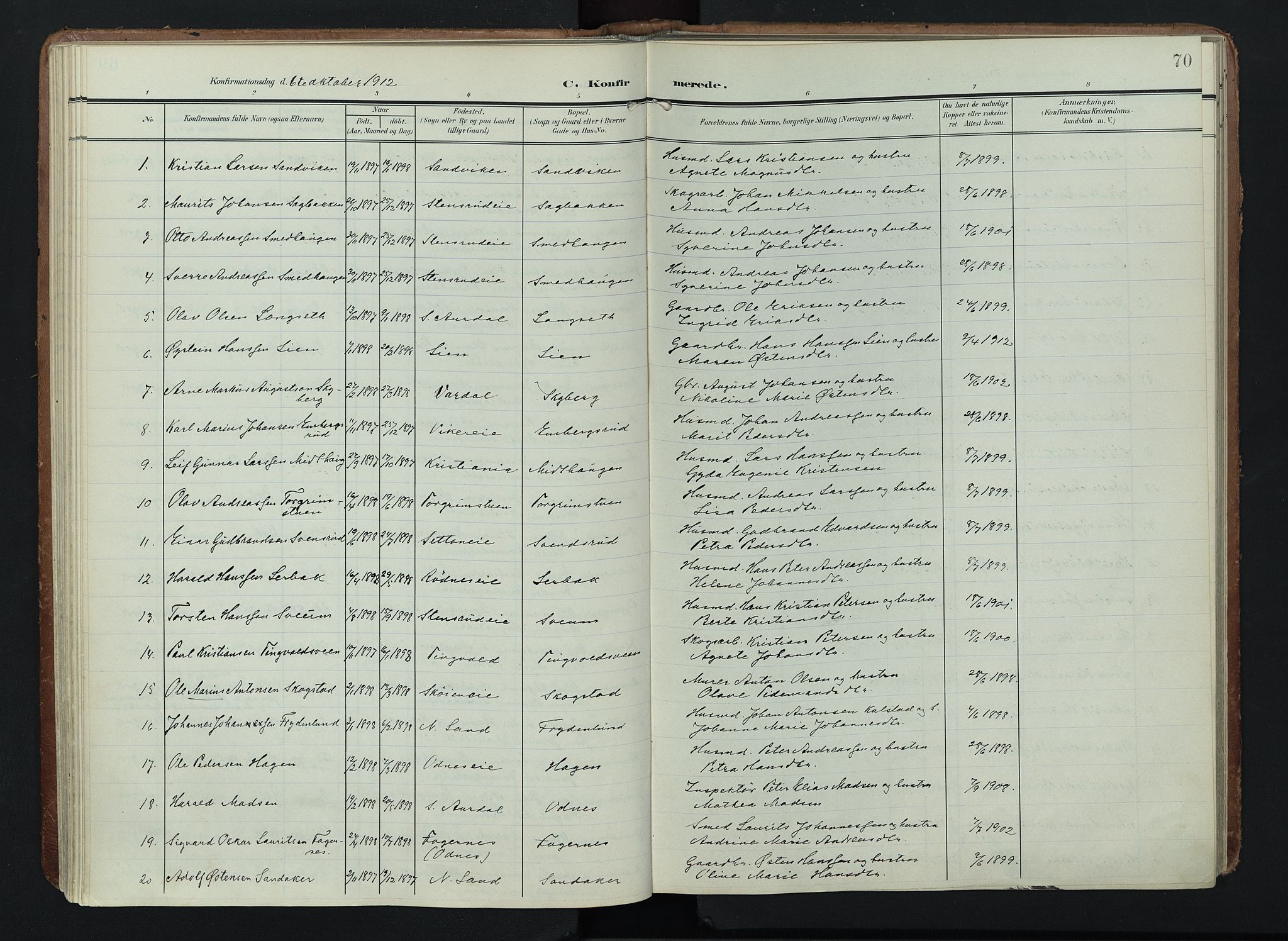 Søndre Land prestekontor, SAH/PREST-122/K/L0005: Parish register (official) no. 5, 1905-1914, p. 70