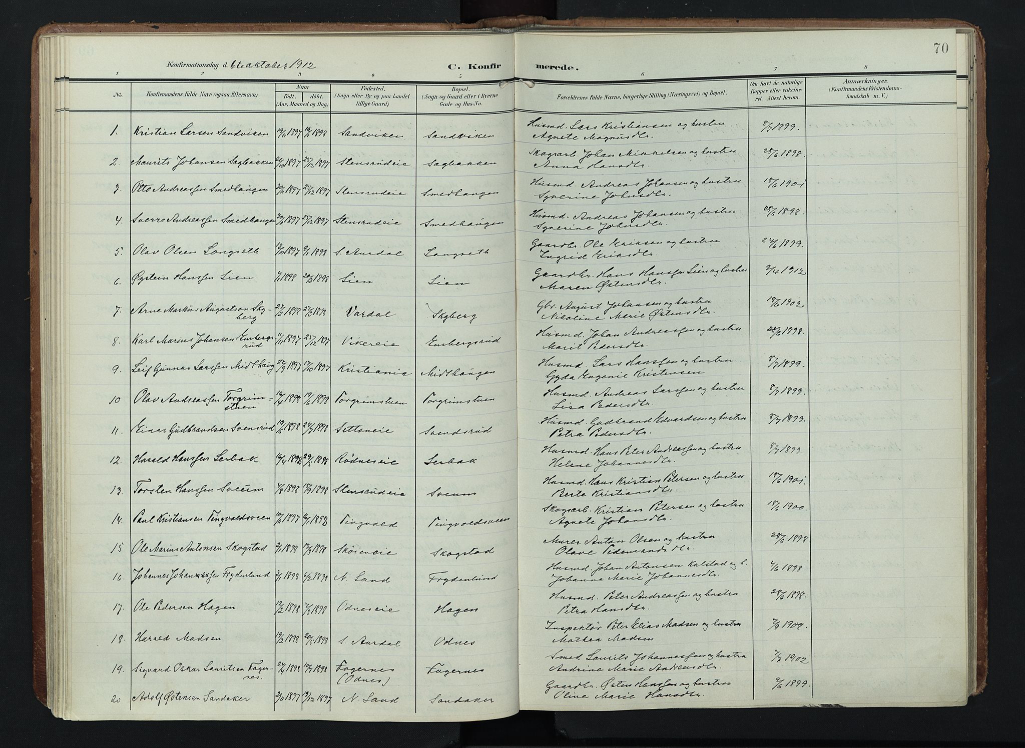 Søndre Land prestekontor, AV/SAH-PREST-122/K/L0005: Parish register (official) no. 5, 1905-1914, p. 70