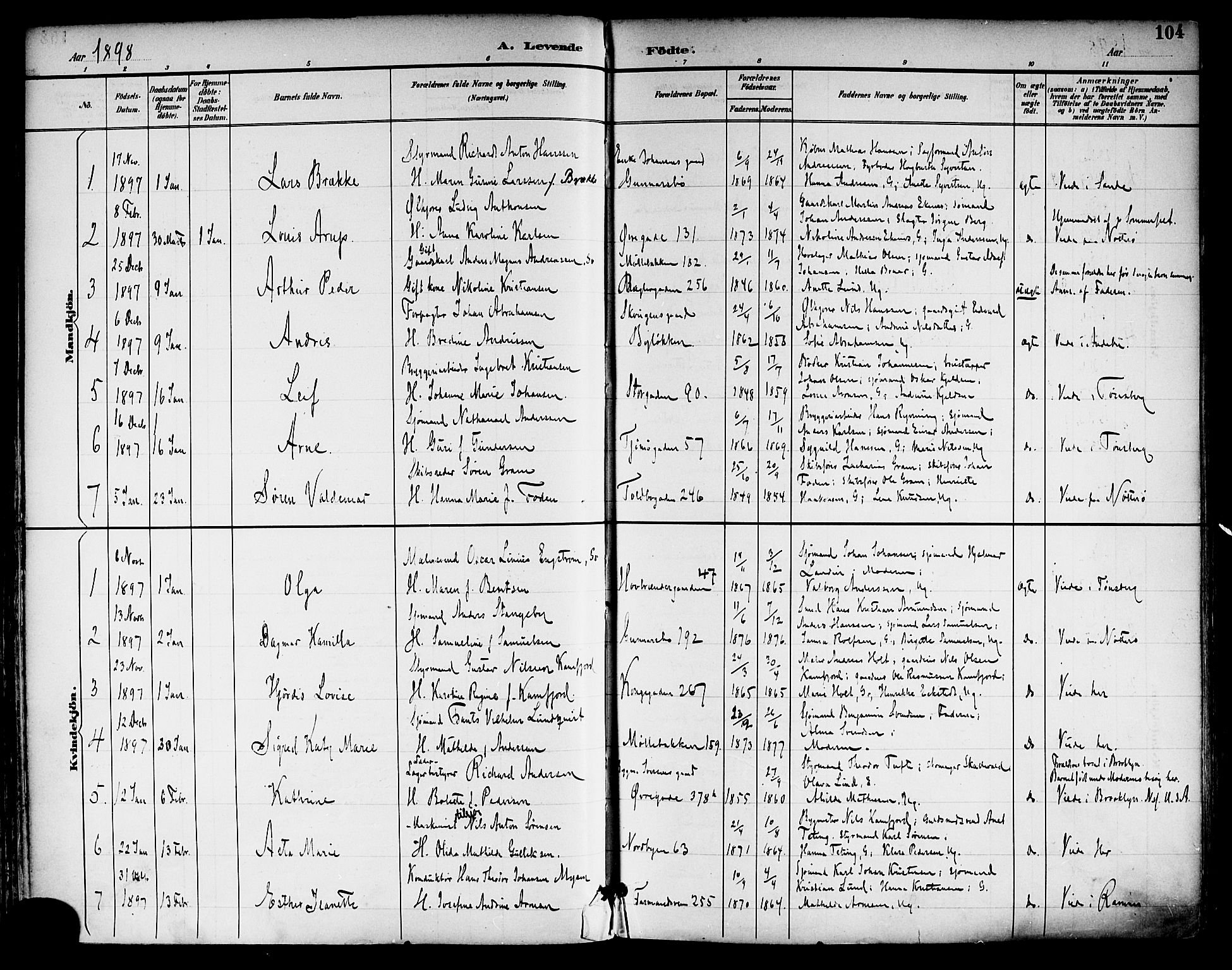 Tønsberg kirkebøker, AV/SAKO-A-330/F/Fa/L0012: Parish register (official) no. I 12, 1891-1899, p. 104