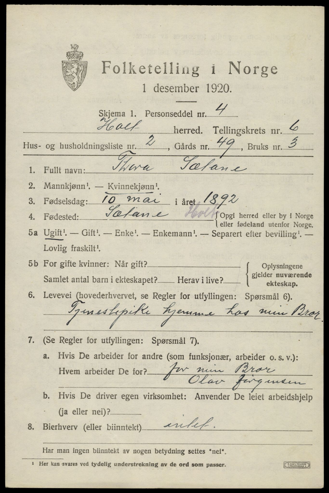 SAK, 1920 census for Holt, 1920, p. 3794