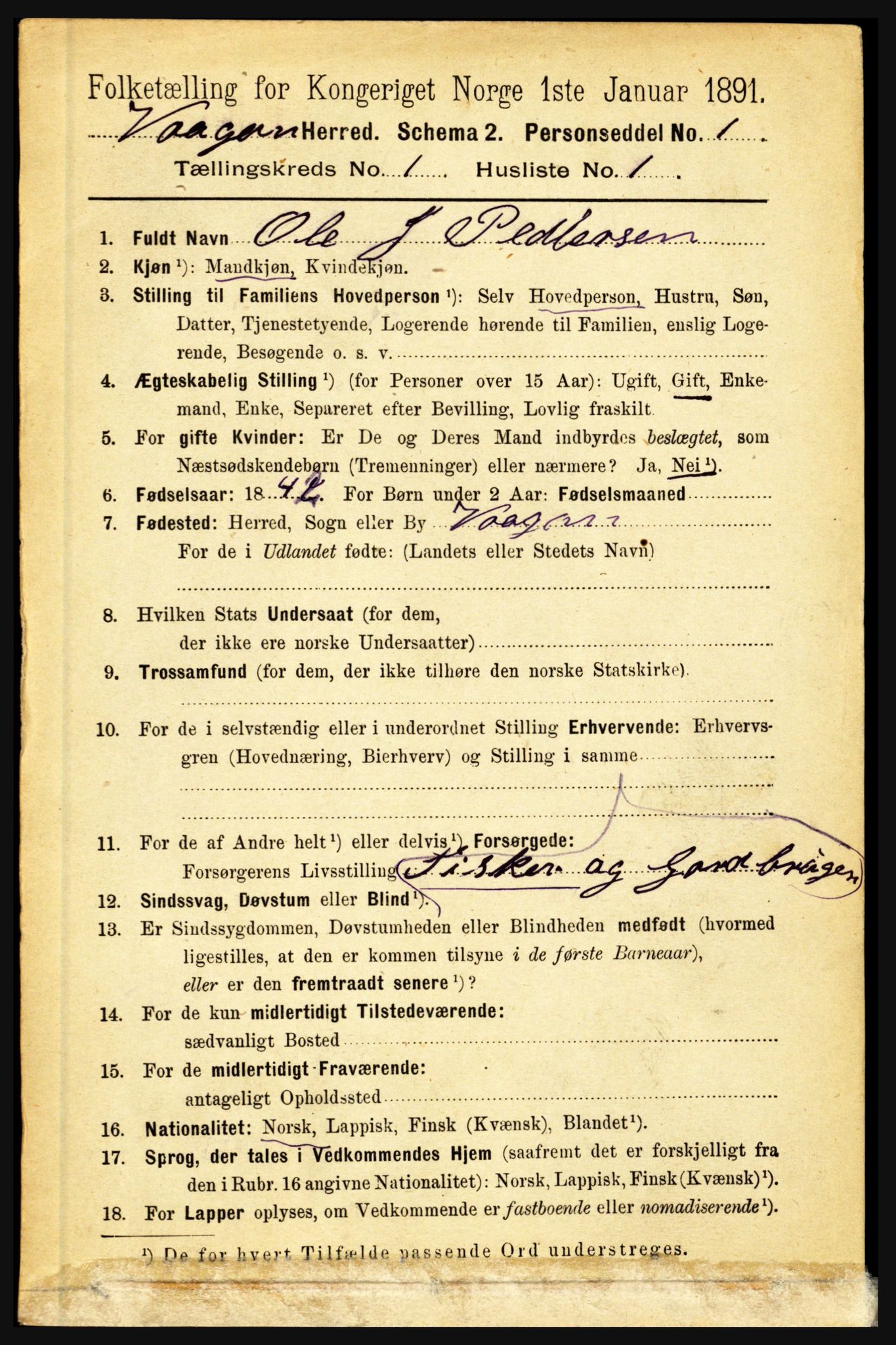 RA, 1891 census for 1865 Vågan, 1891, p. 96