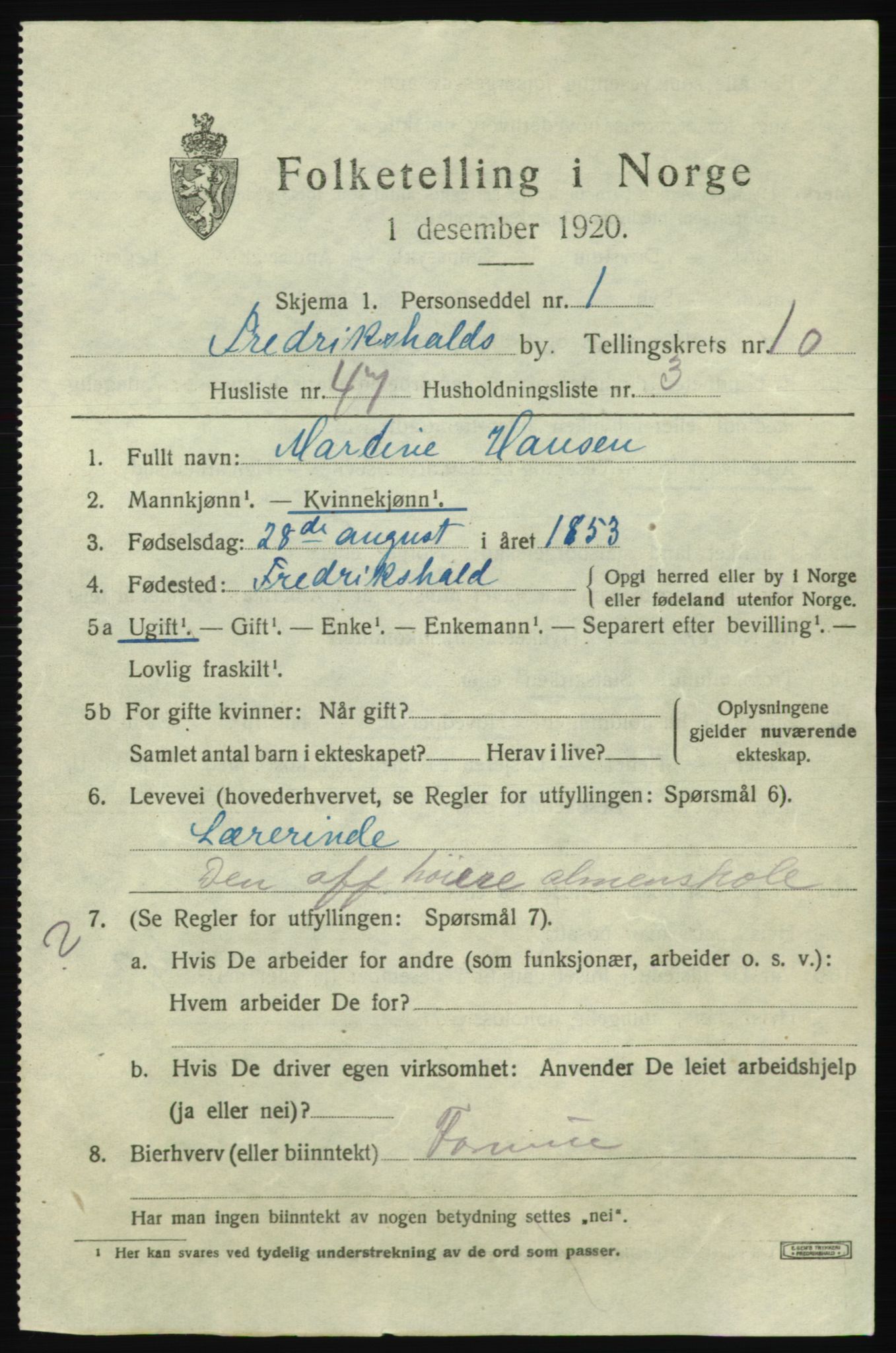 SAO, 1920 census for Fredrikshald, 1920, p. 18727