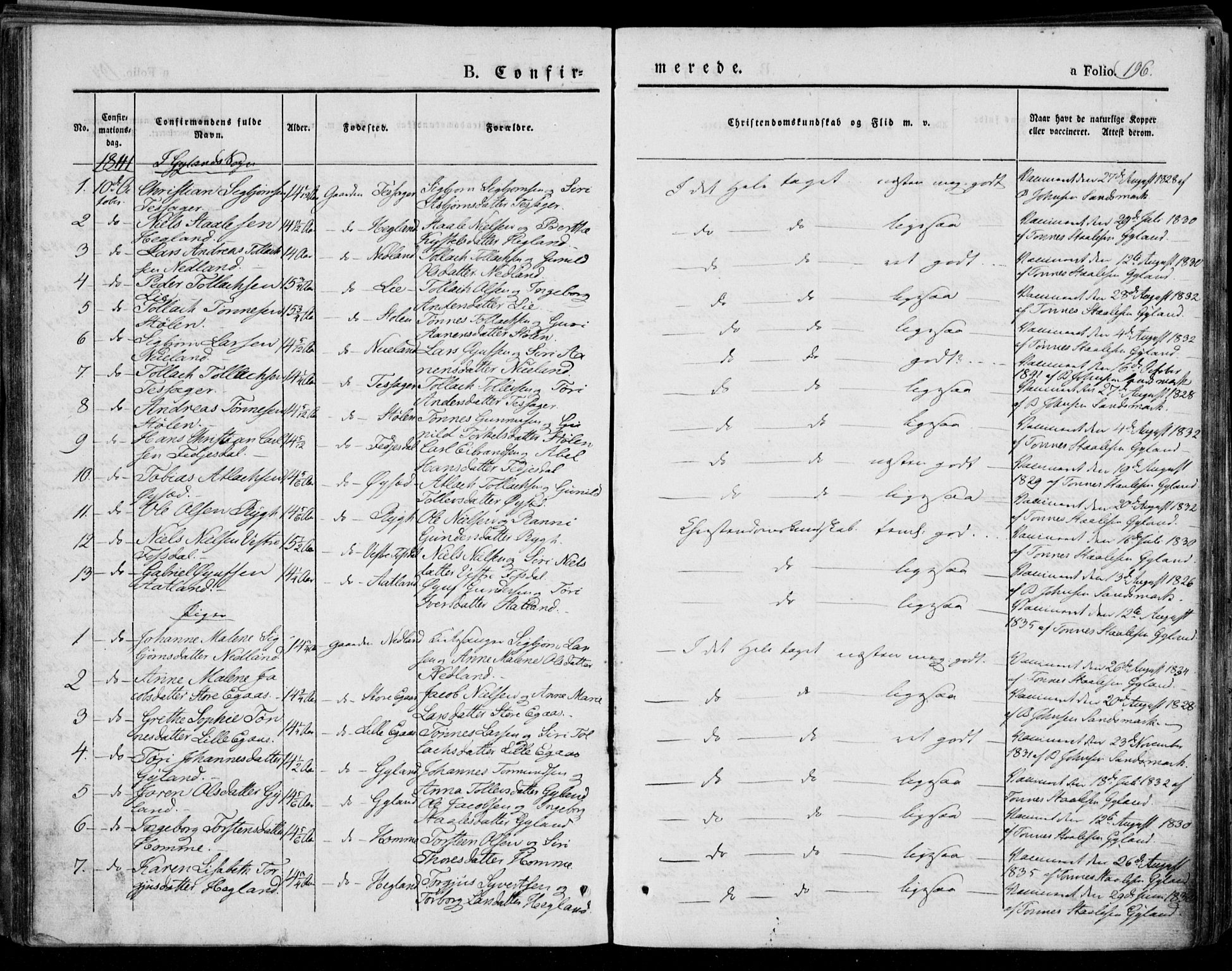Bakke sokneprestkontor, SAK/1111-0002/F/Fa/Faa/L0004: Parish register (official) no. A 4, 1834-1846, p. 196