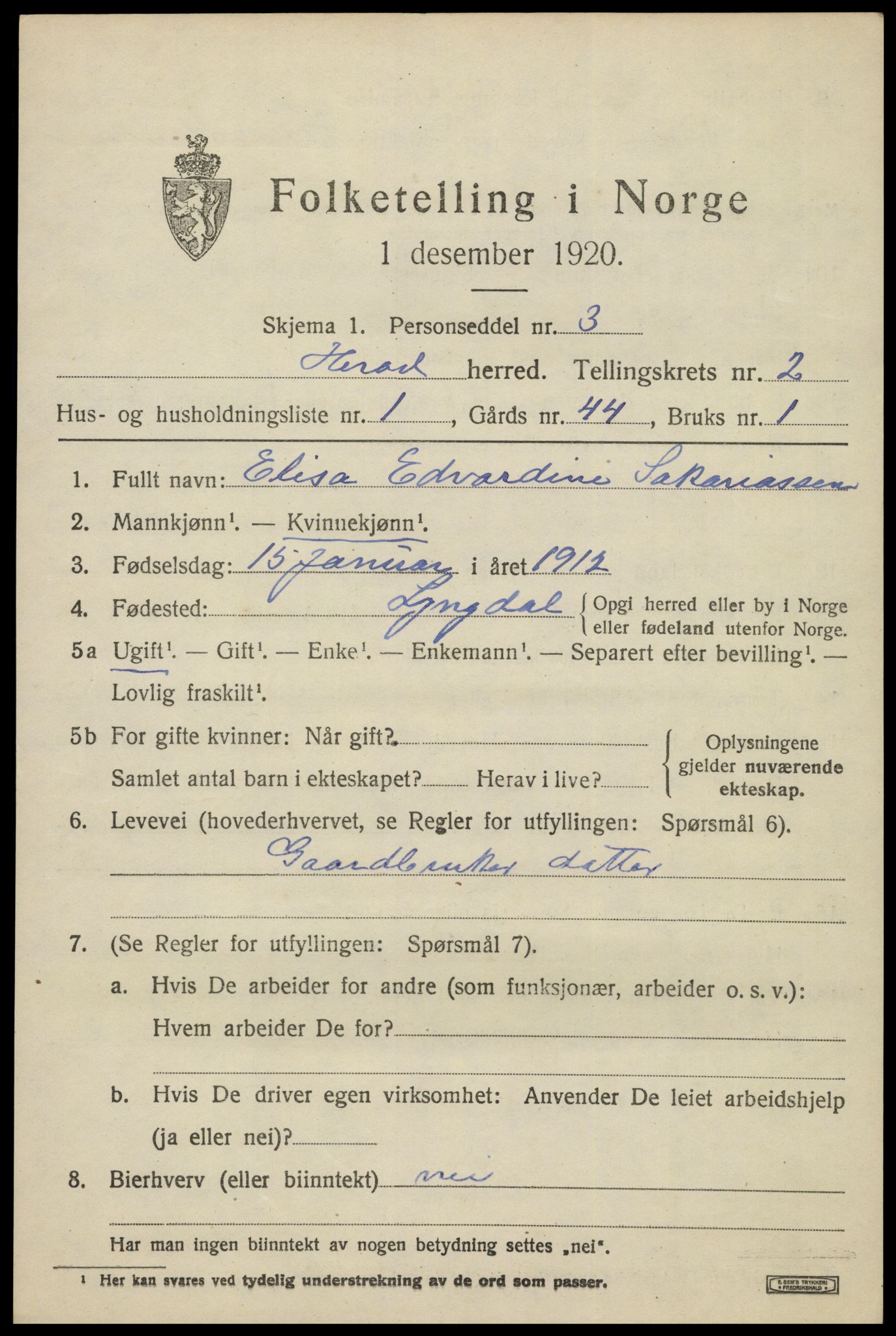 SAK, 1920 census for Herad, 1920, p. 1046