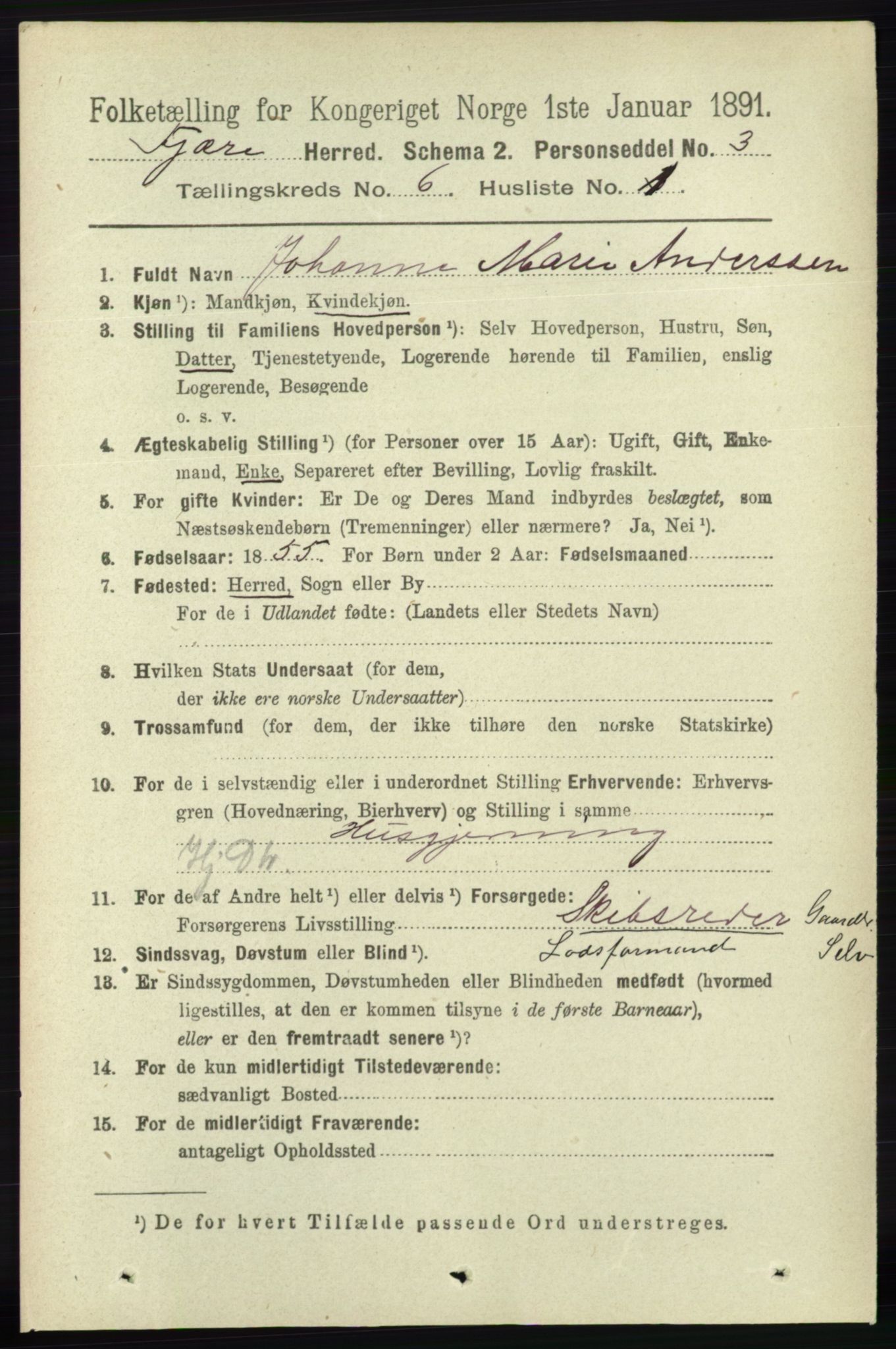 RA, 1891 census for 0923 Fjære, 1891, p. 2961