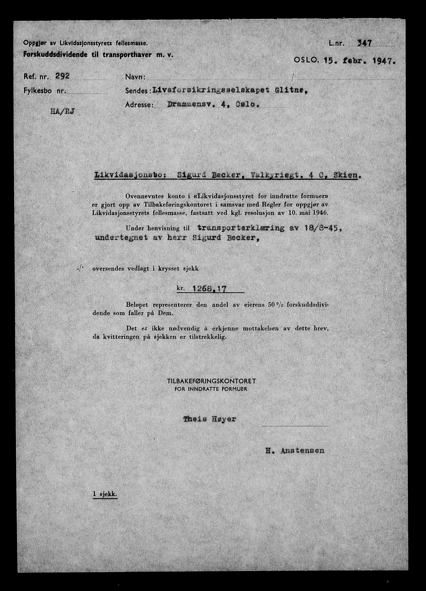 Justisdepartementet, Tilbakeføringskontoret for inndratte formuer, AV/RA-S-1564/H/Hc/Hcd/L0991: --, 1945-1947, p. 9