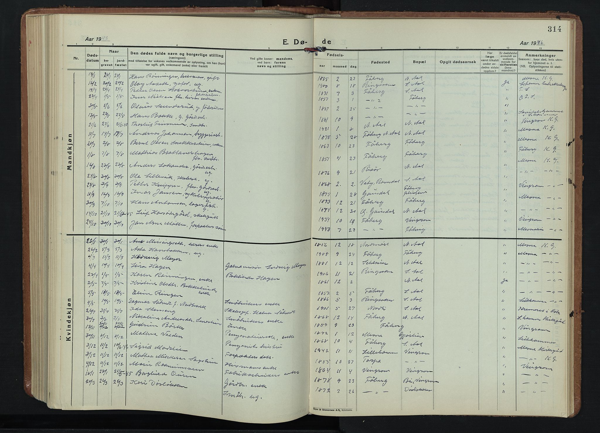 Fåberg prestekontor, SAH/PREST-086/H/Ha/Hab/L0015: Parish register (copy) no. 15, 1924-1949, p. 314