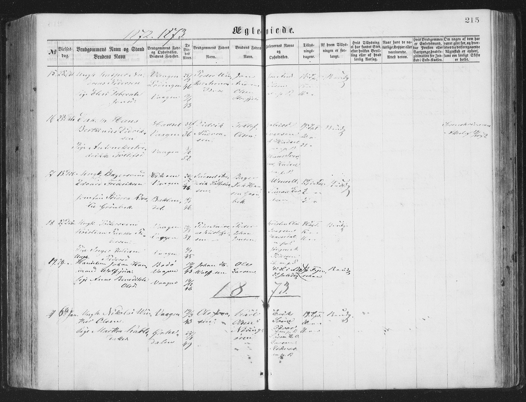 Ministerialprotokoller, klokkerbøker og fødselsregistre - Nordland, AV/SAT-A-1459/874/L1057: Parish register (official) no. 874A01, 1866-1877, p. 215