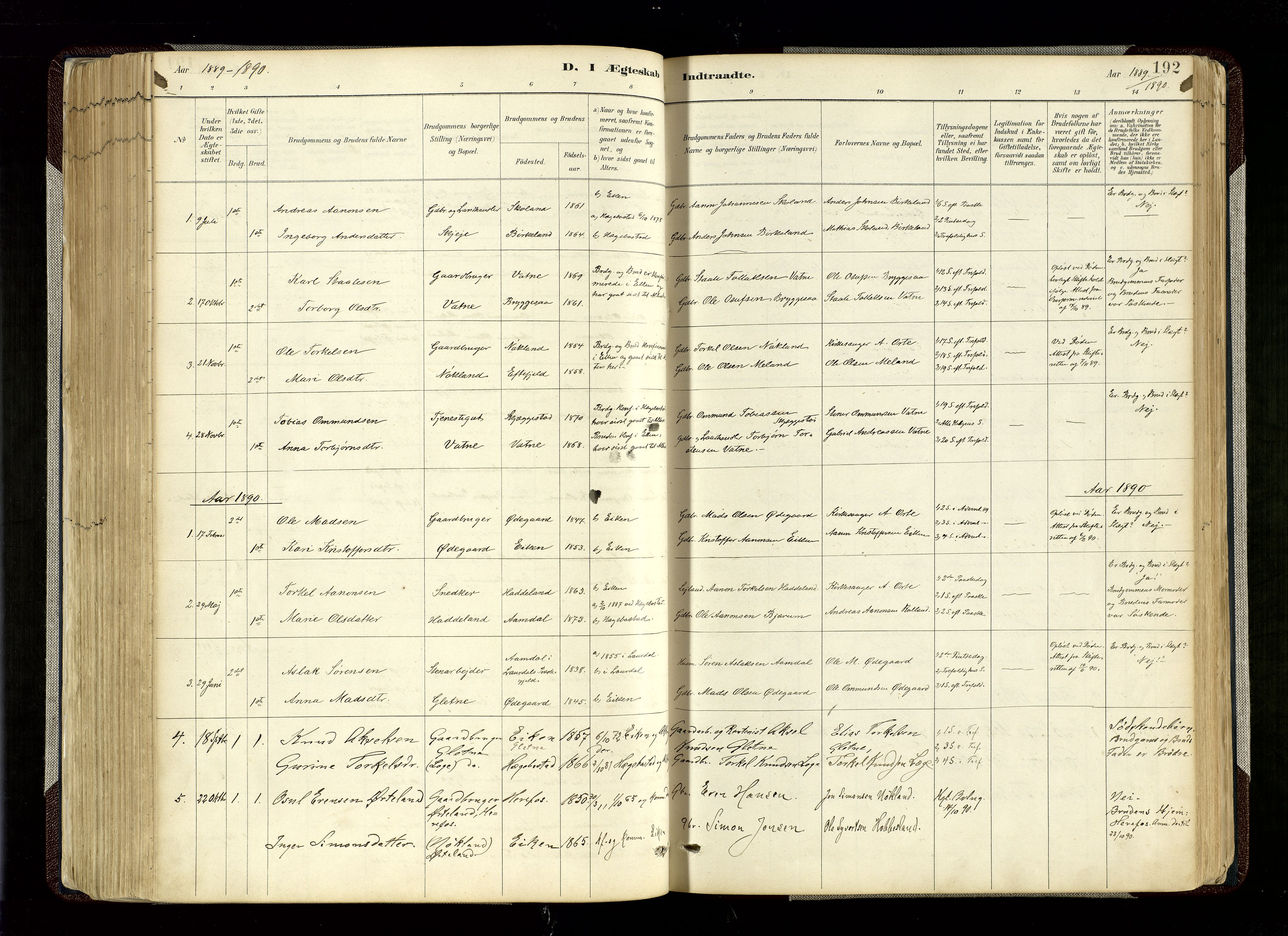 Hægebostad sokneprestkontor, AV/SAK-1111-0024/F/Fa/Fab/L0004: Parish register (official) no. A 4, 1887-1929, p. 192