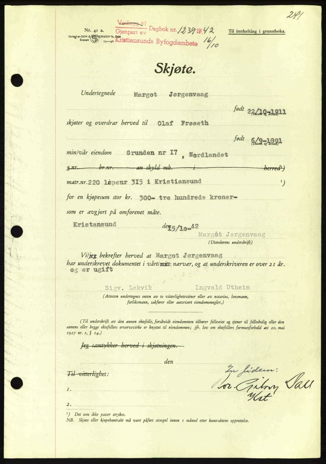 Kristiansund byfogd, AV/SAT-A-4587/A/27: Mortgage book no. 34, 1941-1945, Diary no: : 1239/1942