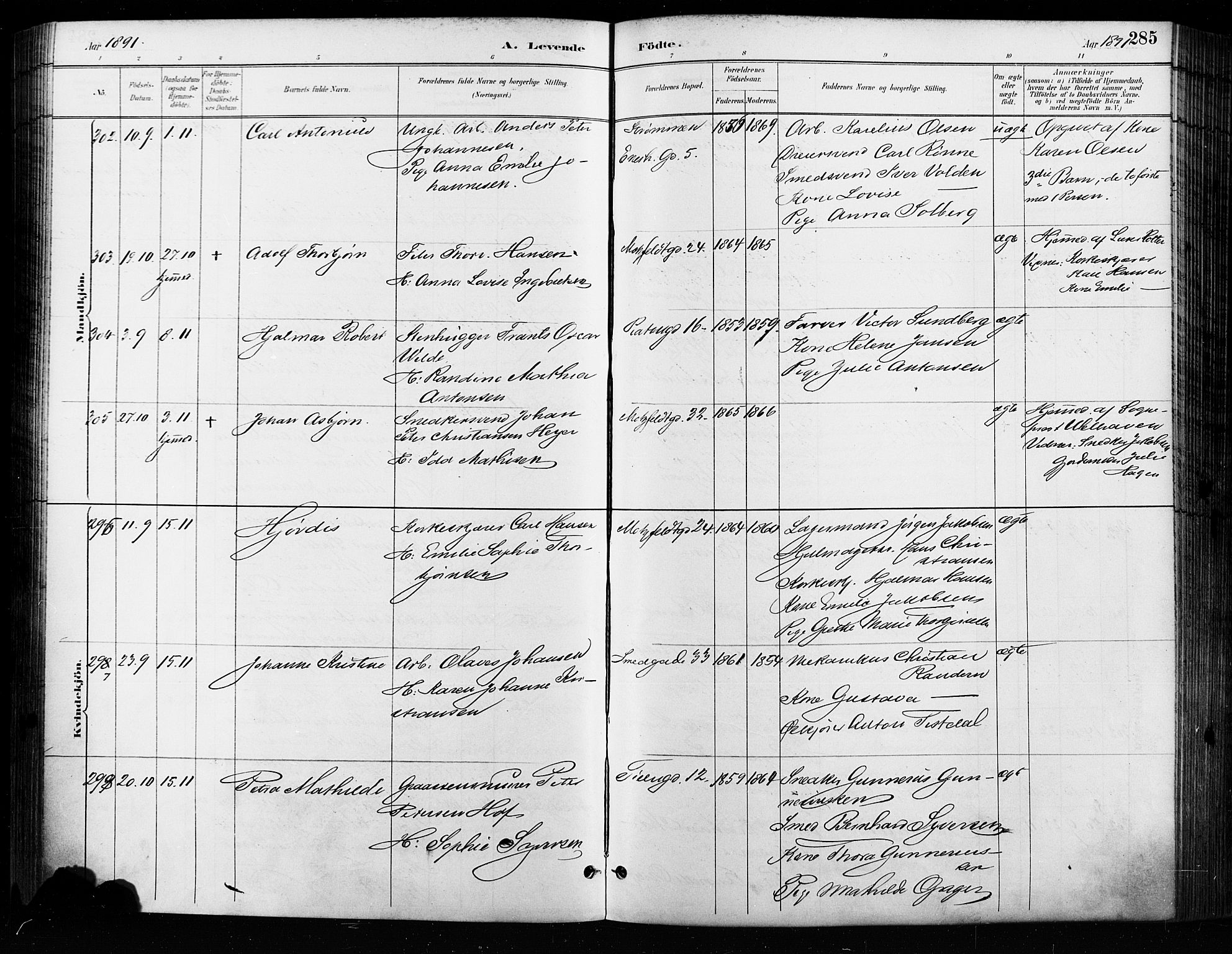 Grønland prestekontor Kirkebøker, AV/SAO-A-10848/F/Fa/L0009: Parish register (official) no. 9, 1888-1893, p. 285