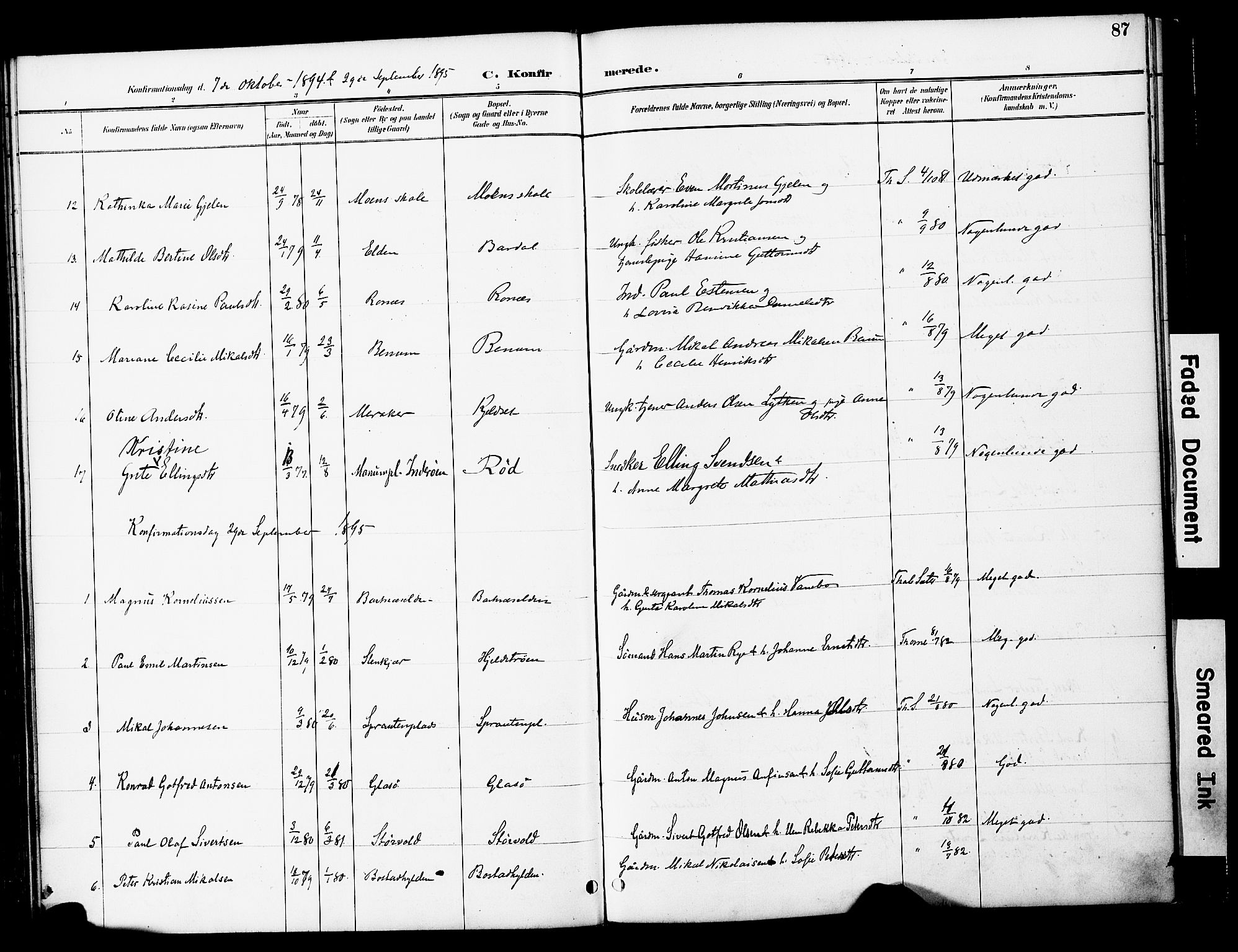 Ministerialprotokoller, klokkerbøker og fødselsregistre - Nord-Trøndelag, AV/SAT-A-1458/741/L0396: Parish register (official) no. 741A10, 1889-1901, p. 87