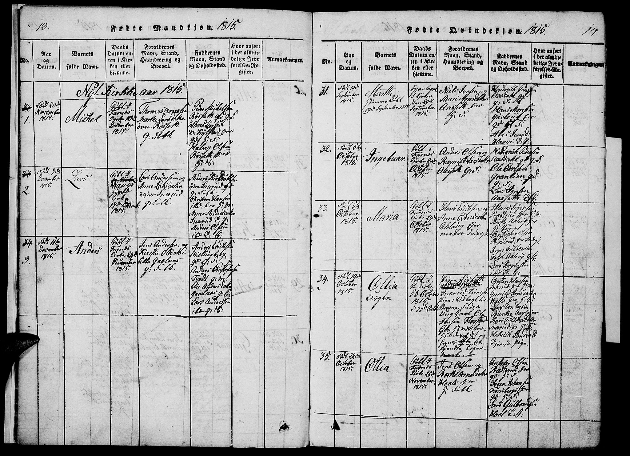 Vang prestekontor, Hedmark, AV/SAH-PREST-008/H/Ha/Haa/L0008: Parish register (official) no. 8, 1815-1826, p. 13-14