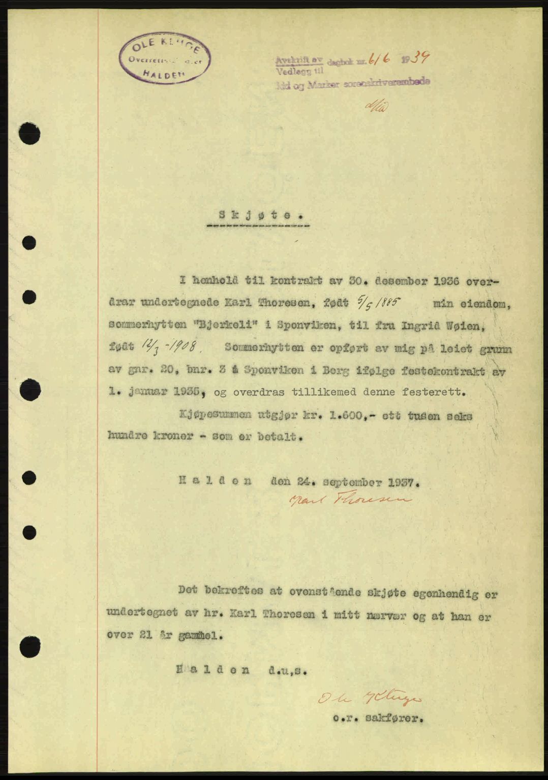 Idd og Marker sorenskriveri, AV/SAO-A-10283/G/Gb/Gbb/L0003: Mortgage book no. A3, 1938-1939, Diary no: : 616/1939