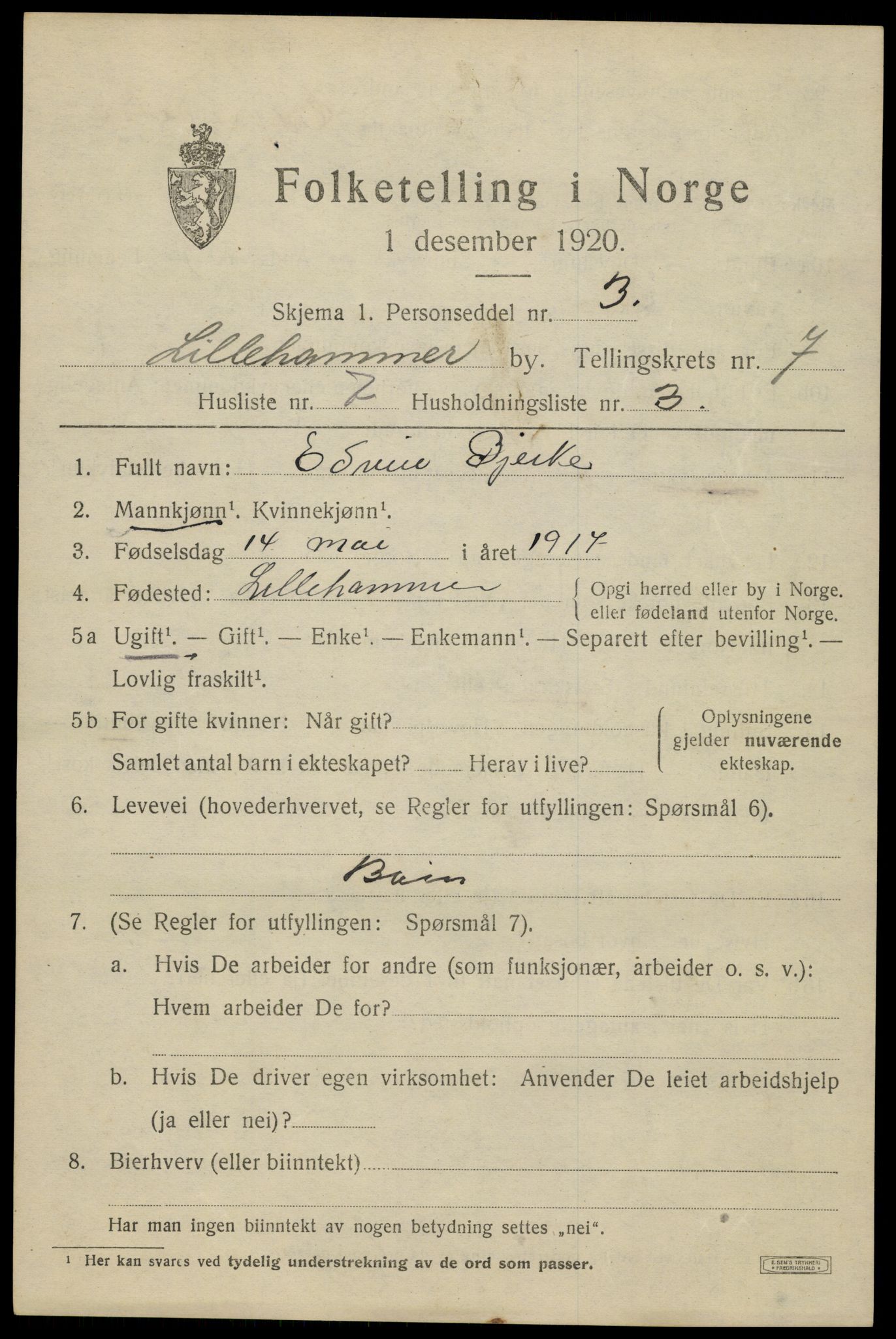 SAH, 1920 census for Lillehammer, 1920, p. 9614