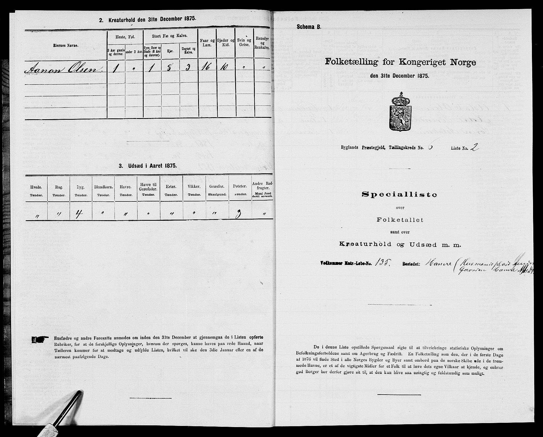 SAK, 1875 census for 0938P Bygland, 1875, p. 459