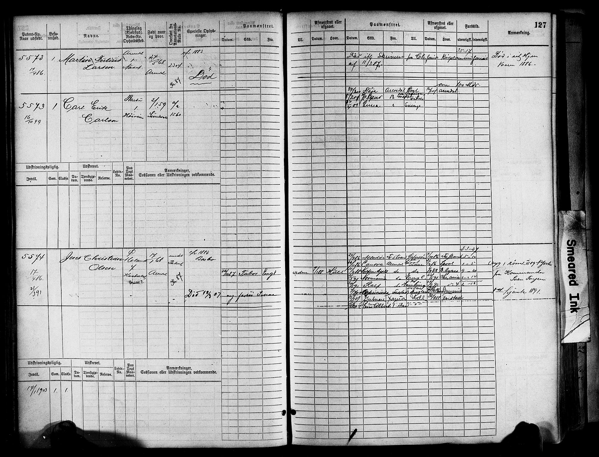 Arendal mønstringskrets, AV/SAK-2031-0012/F/Fb/L0017: Hovedrulle A nr 5323-6076, S-15, 1884-1892, p. 127