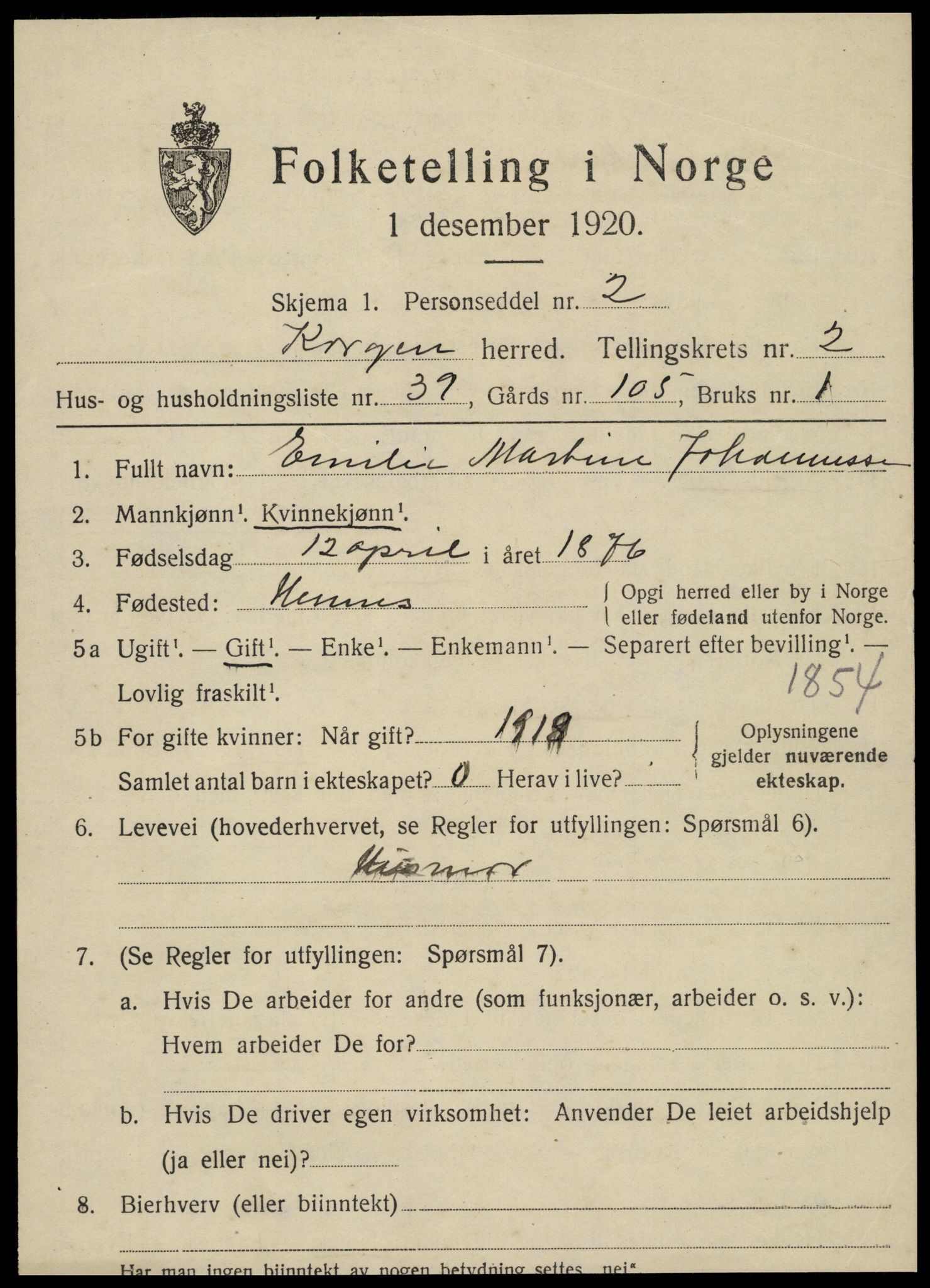 SAT, 1920 census for Korgen, 1920, p. 1358