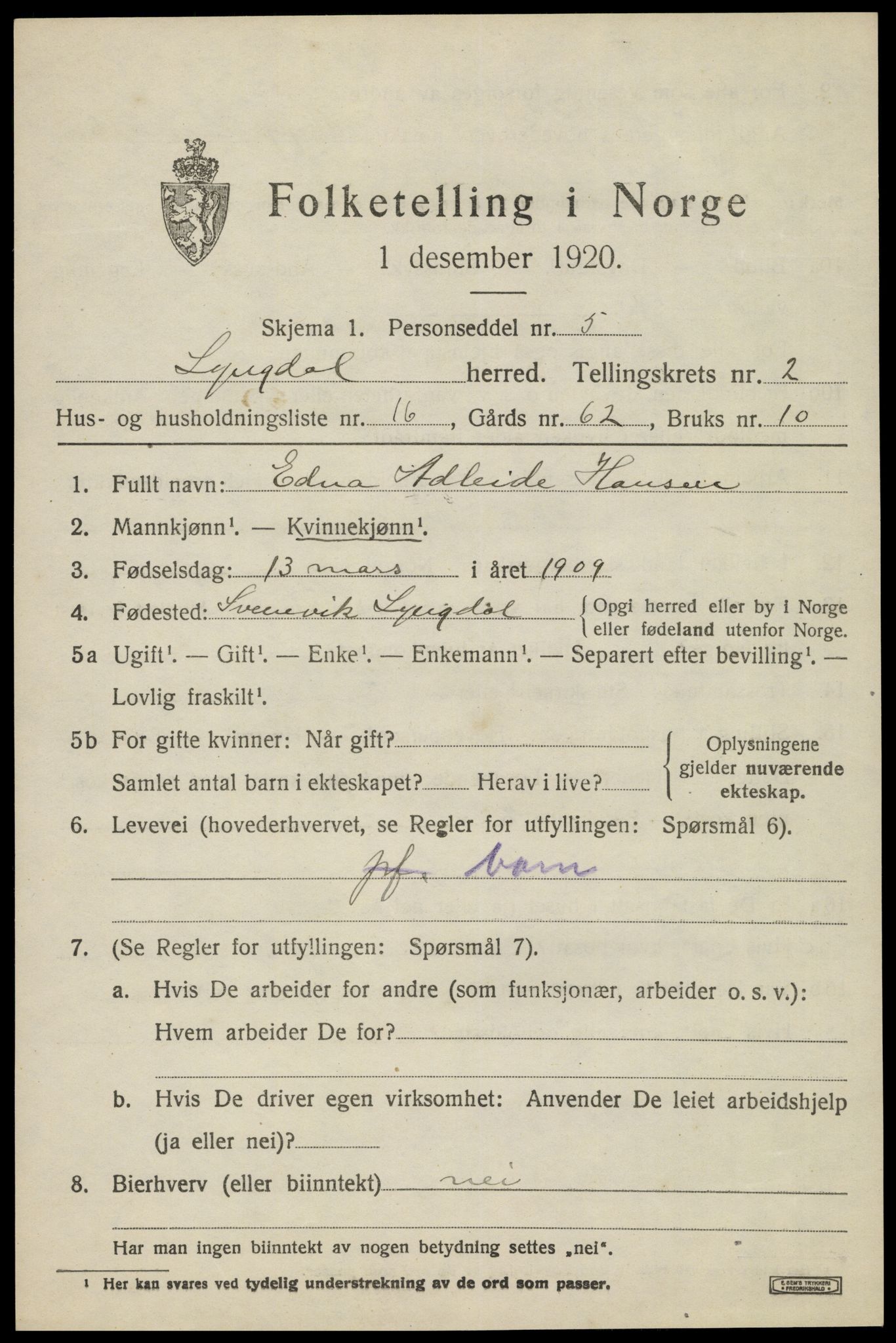 SAK, 1920 census for Lyngdal, 1920, p. 1727
