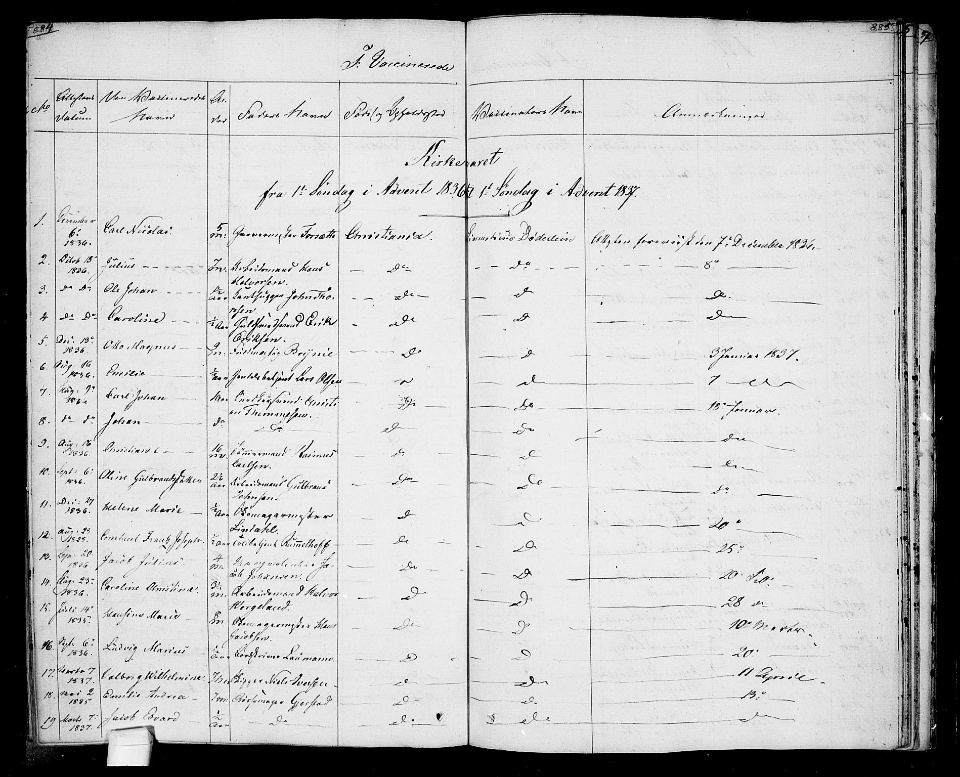 Oslo domkirke Kirkebøker, SAO/A-10752/F/Fa/L0022: Parish register (official) no. 22, 1824-1829, p. 884-885