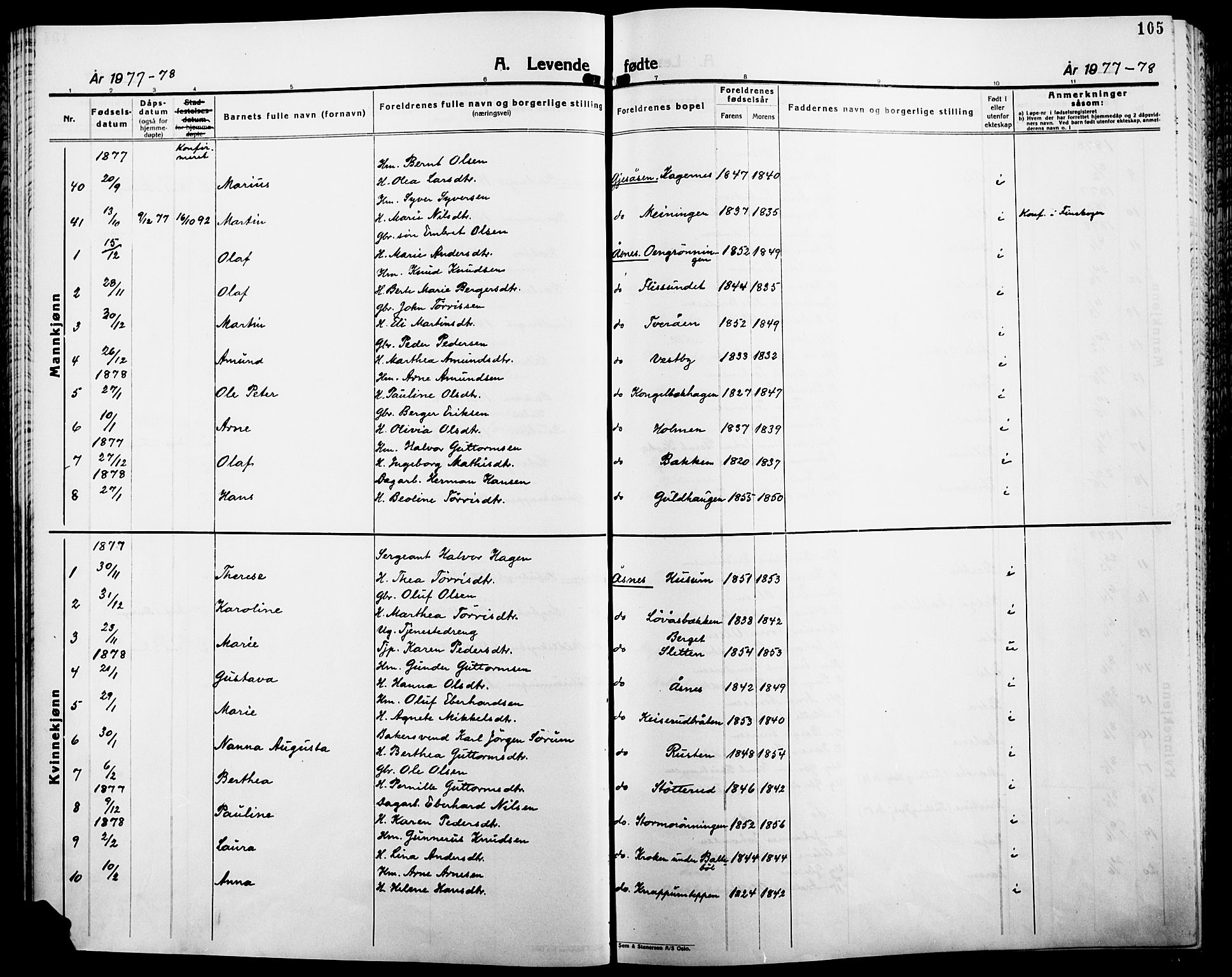 Åsnes prestekontor, SAH/PREST-042/H/Ha/Haa/L0000B: Parish register (official), 1870-1889, p. 105