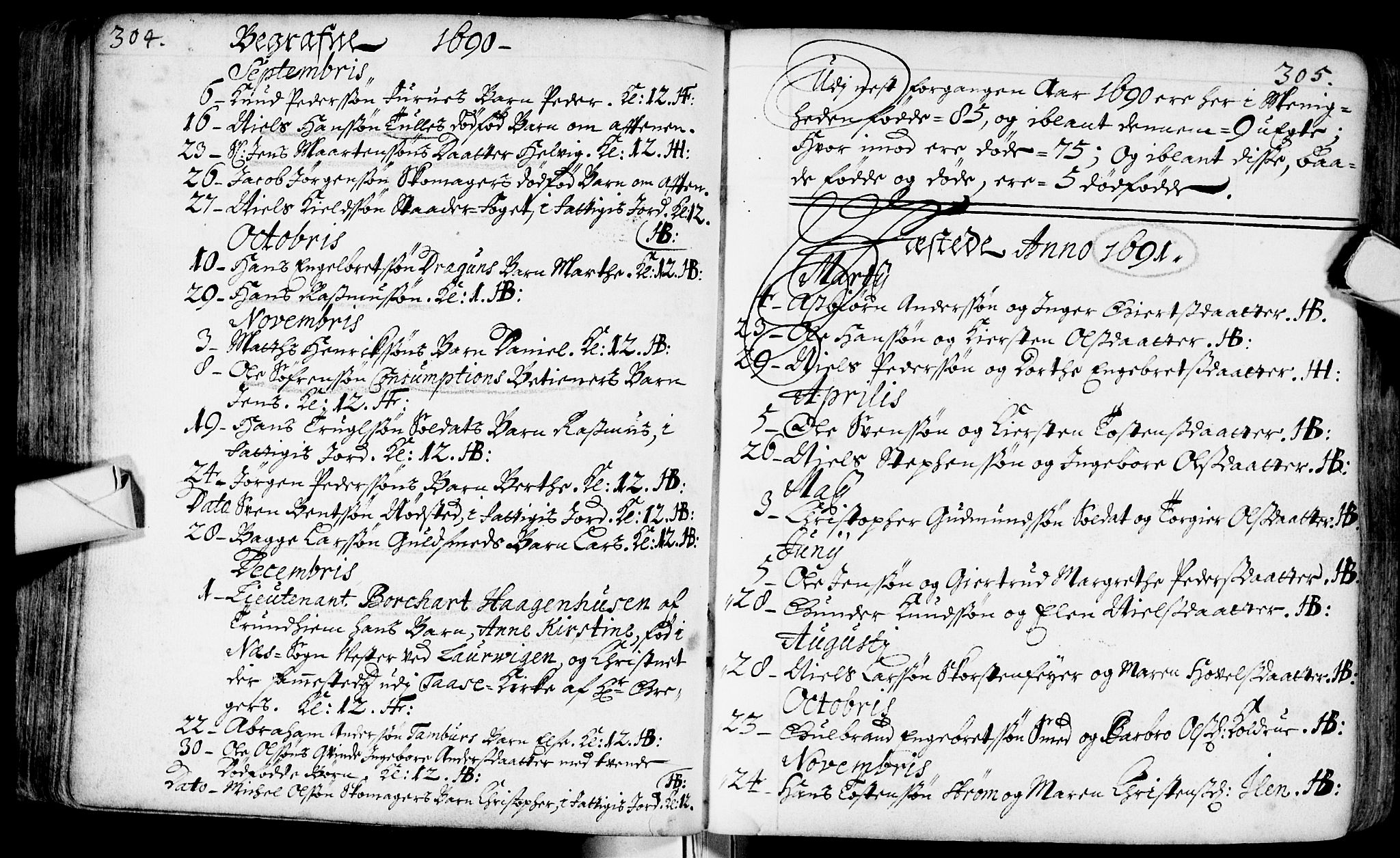 Bragernes kirkebøker, SAKO/A-6/F/Fa/L0002: Parish register (official) no. I 2, 1680-1705, p. 304-305