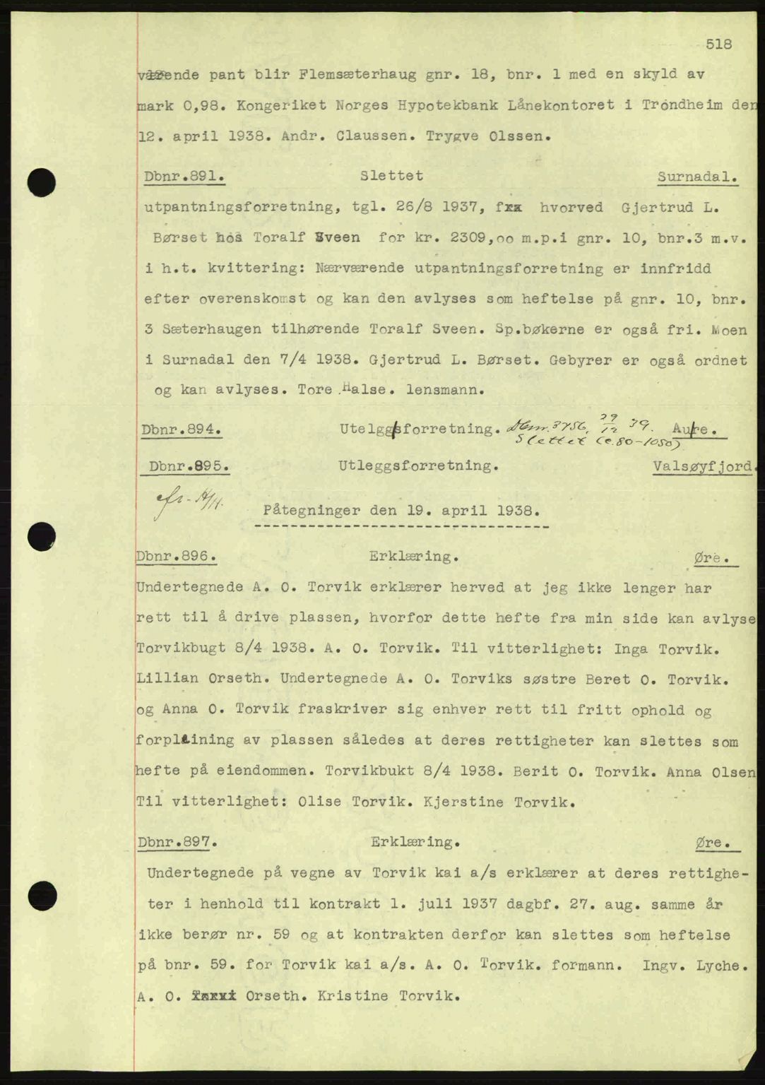 Nordmøre sorenskriveri, AV/SAT-A-4132/1/2/2Ca: Mortgage book no. C80, 1936-1939, Diary no: : 891/1938