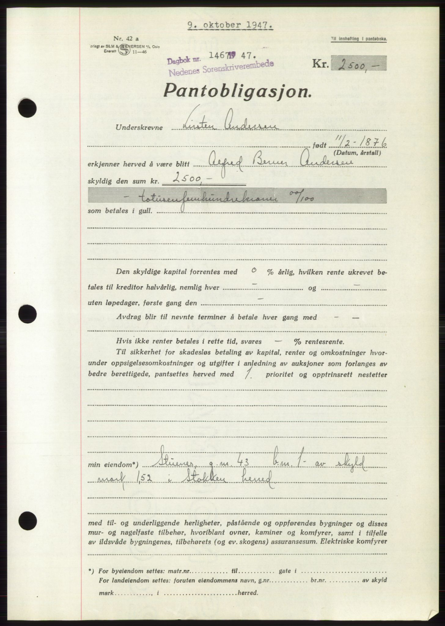 Nedenes sorenskriveri, AV/SAK-1221-0006/G/Gb/Gbb/L0004: Mortgage book no. B4, 1947-1947, Diary no: : 1467/1947