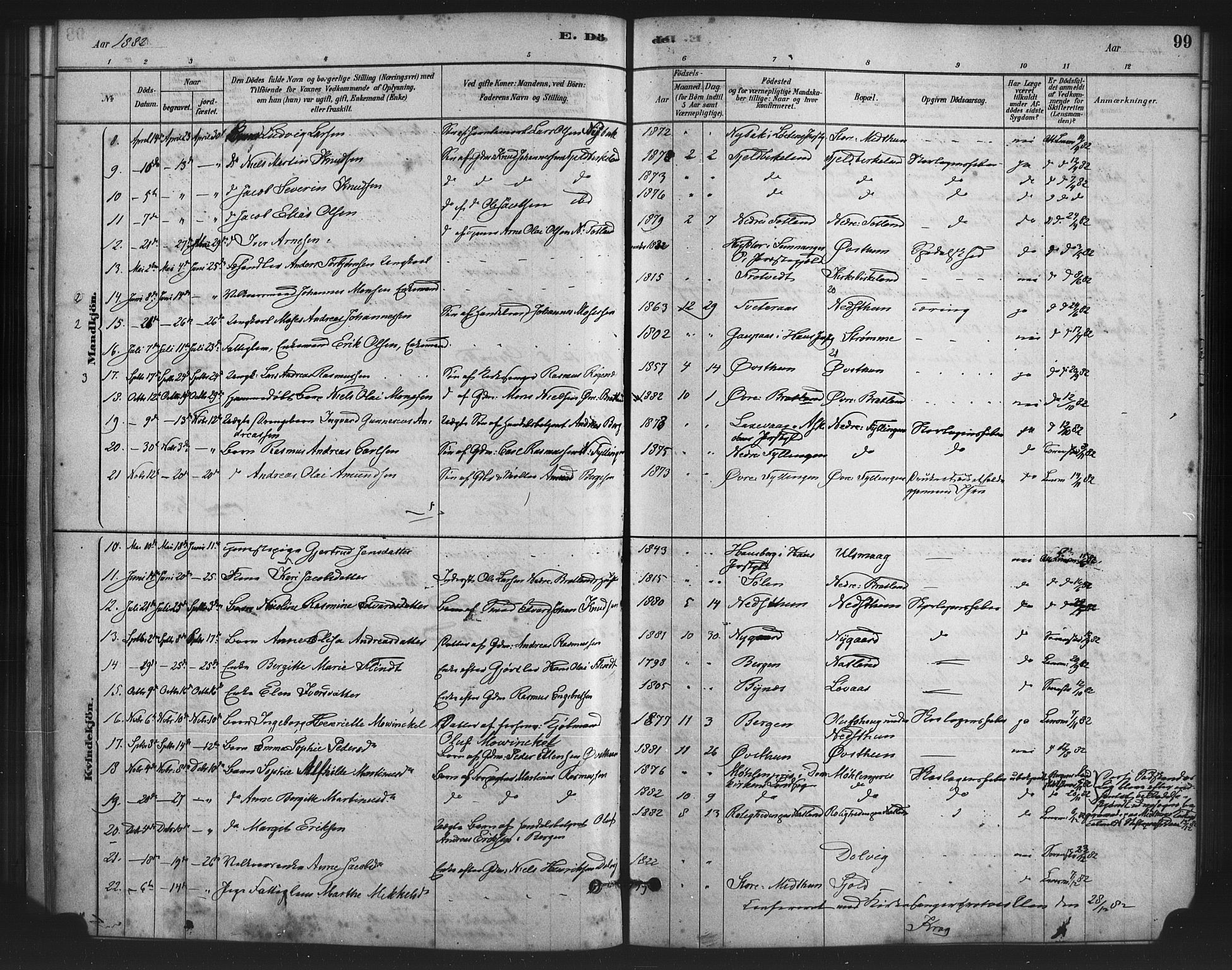 Fana Sokneprestembete, SAB/A-75101/H/Haa/Haai/L0001: Parish register (official) no. I 1, 1878-1888, p. 99
